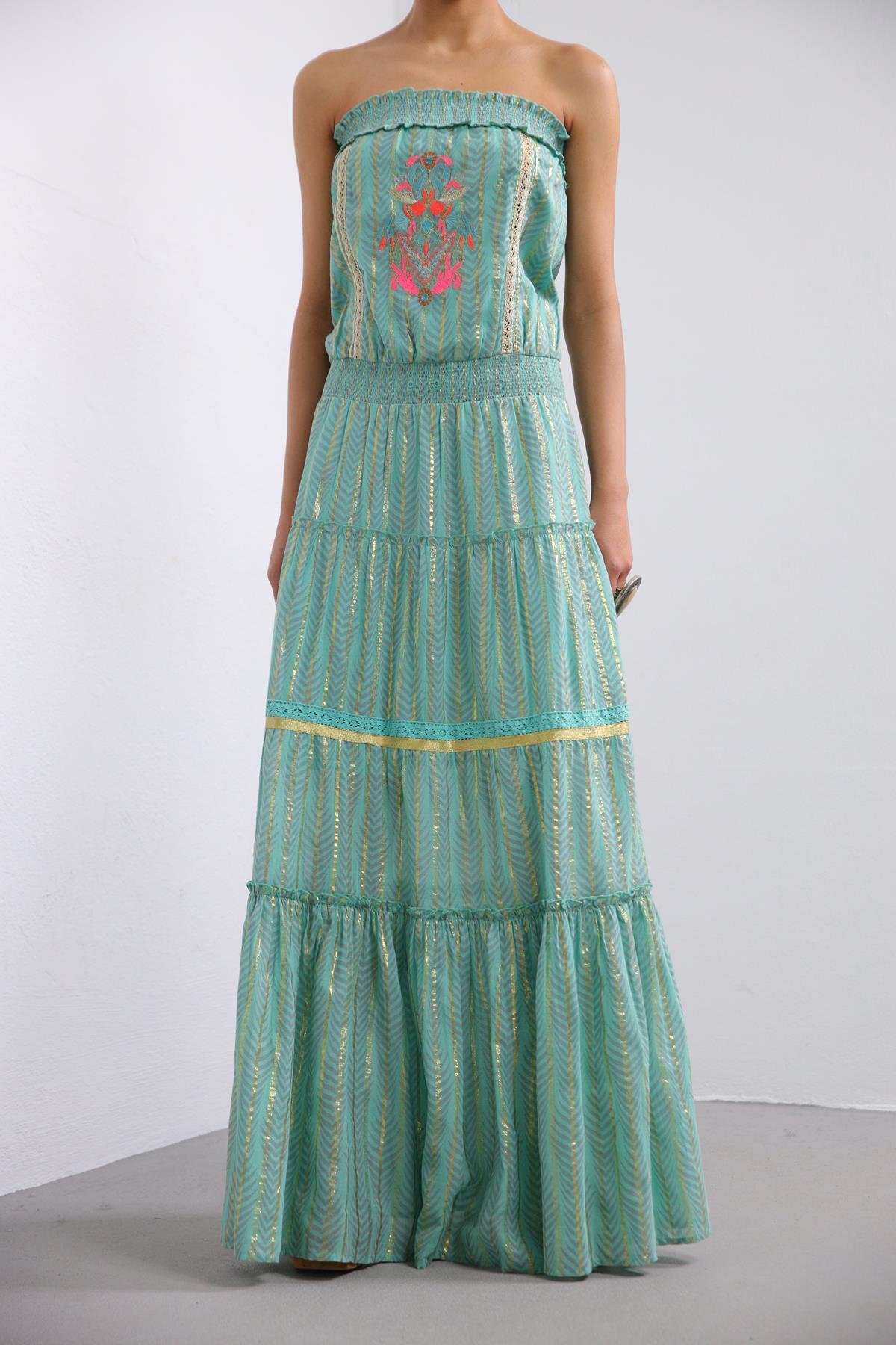 Mint Yeşili Parlak İşlemeli Straplez Bohem Elbise - Şaman Butik Mint Yeşili Parlak İşlemeli Straplez Bohem Elbise