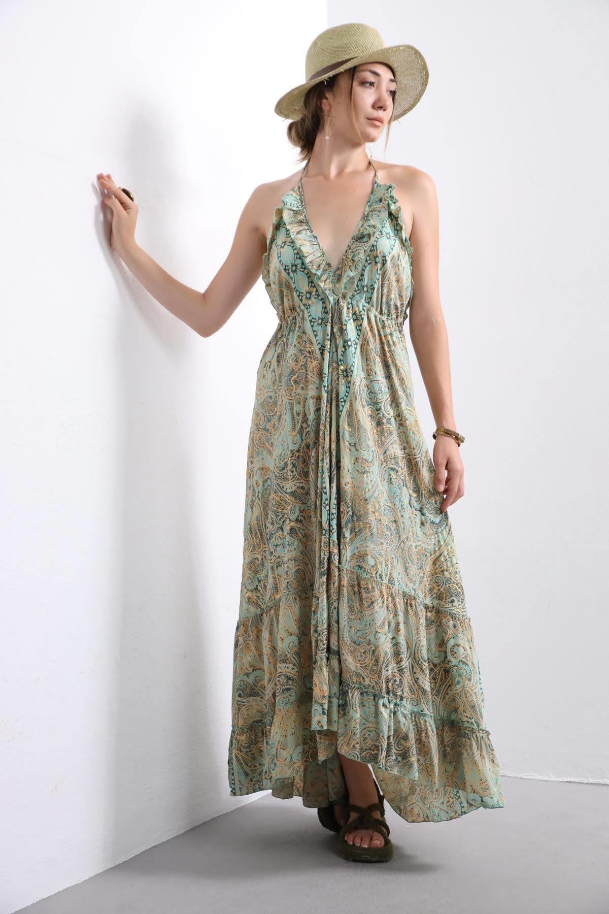 Mint Yeşili Şal Desen Arkası Fırfırlı İpek Elbise - Şaman Butik Mint Yeşili Şal Desen Arkası Fırfırlı İpek Elbise