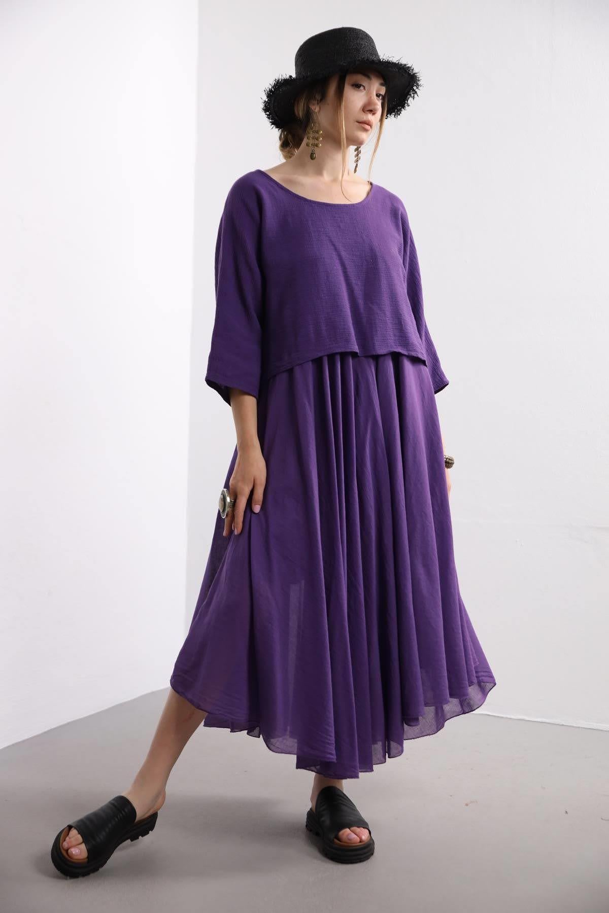  Mor Askılı Bluz Detaylı Elbise