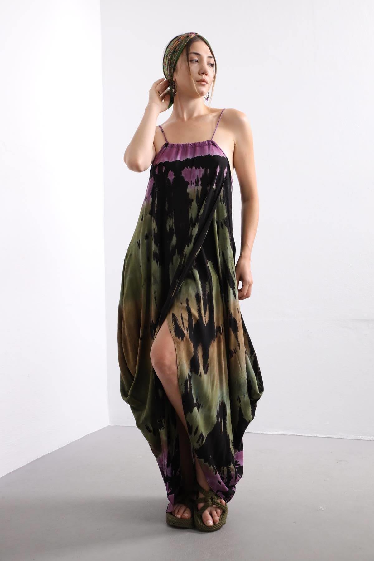 Mor Batikli Yırtmaçlı Elbise - Şaman Butik Mor Batikli Yırtmaçlı Elbise