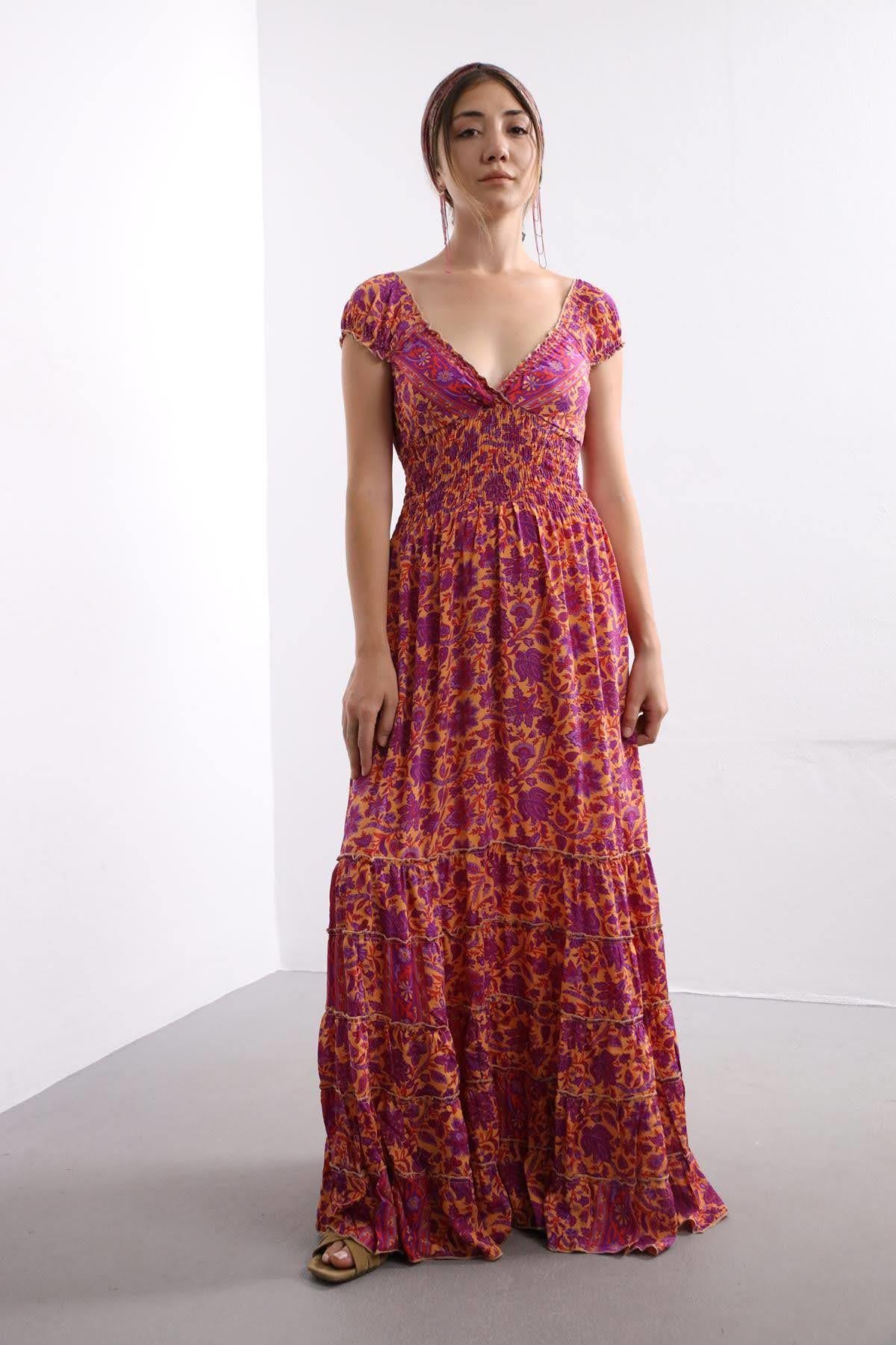  Mor Desenli Kalın Askılı Lastikli İpek Elbise