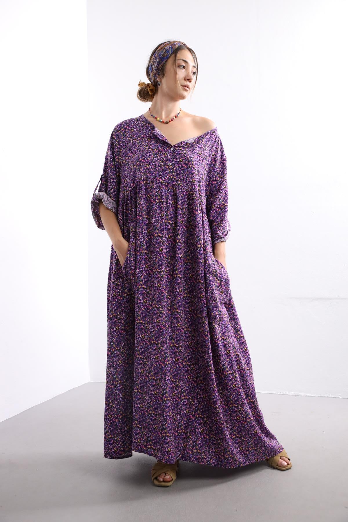 Mor Siyah Çiçekli Önü Düğmeli Elbise - Şaman Butik - Bohem Giyim ve Aksesuar | Kadın & Erkek Mor Siyah Çiçekli Önü Düğmeli Elbise