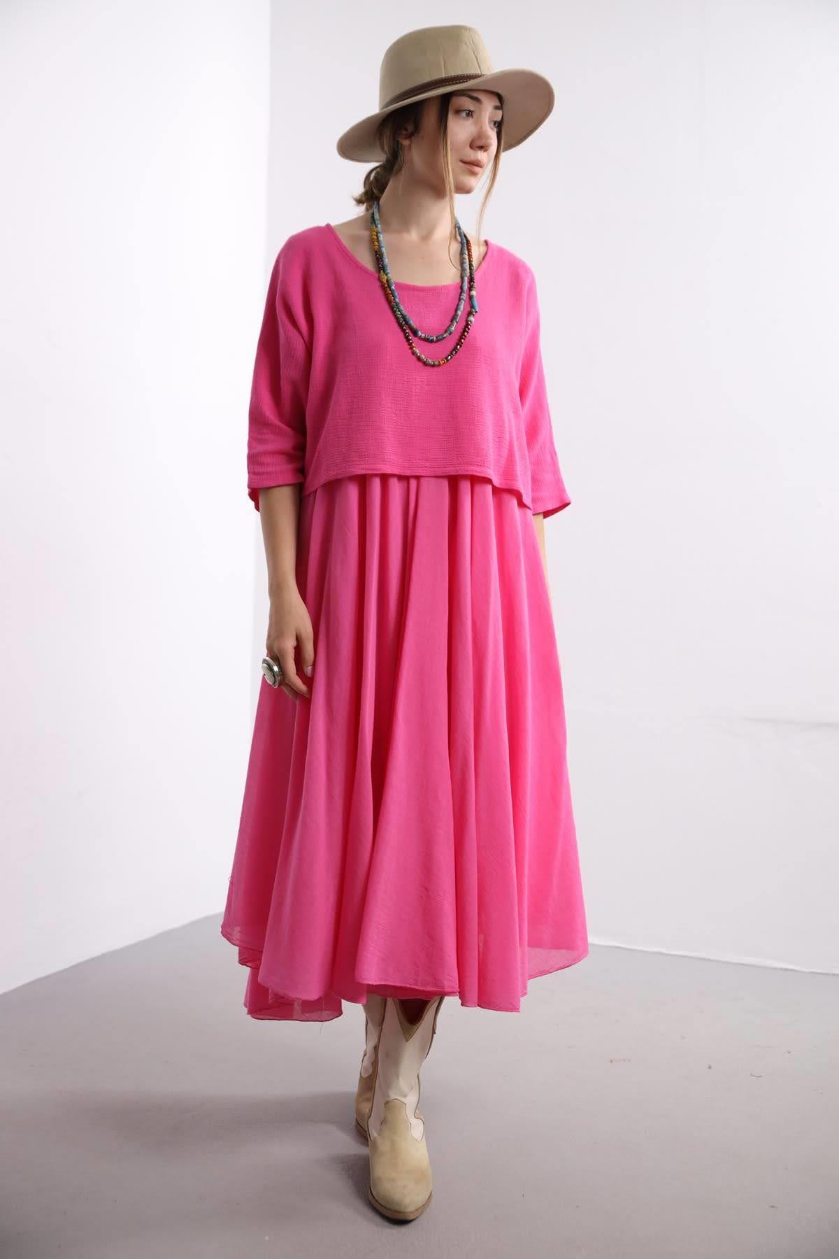 Pembe Askılı Bluz Detaylı Elbise - Şaman Butik Pembe Askılı Bluz Detaylı Elbise