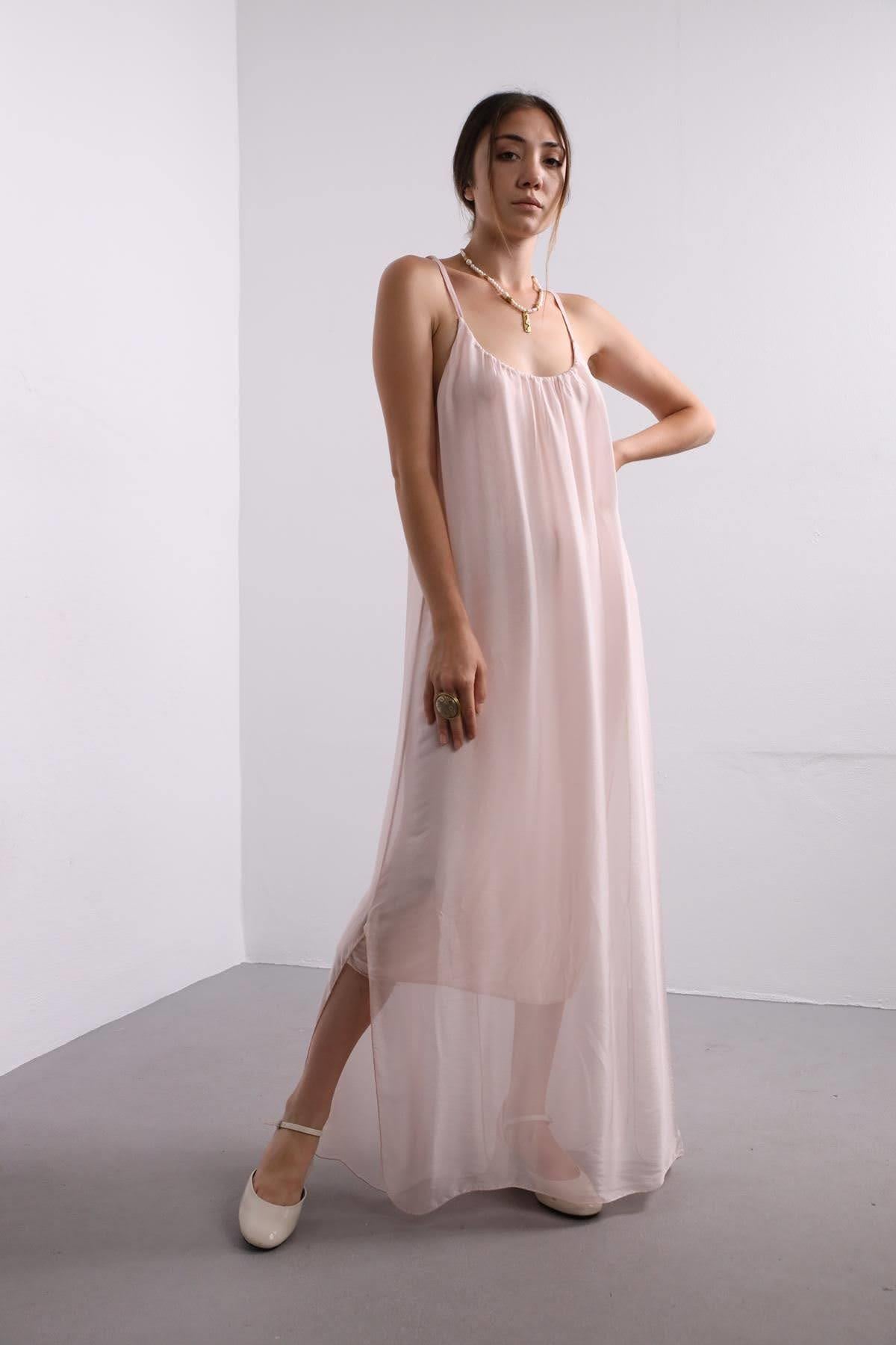  Pudra Pembe İp Askılı İpek Elbise