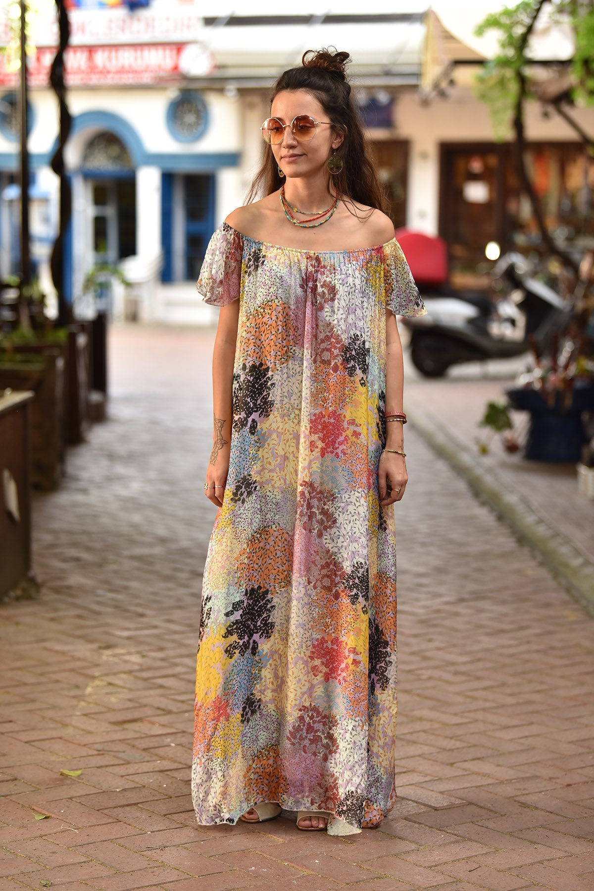 Colorful Off Shoulder Silk Maxi Dress - Şaman Butik | Boho Fashion