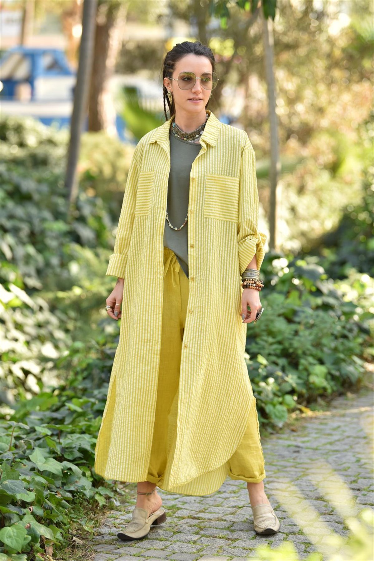 Sarı Çizgili Gömlek Elbise - Şaman Butik - Bohem Giyim ve Aksesuar | Kadın  & Erkek