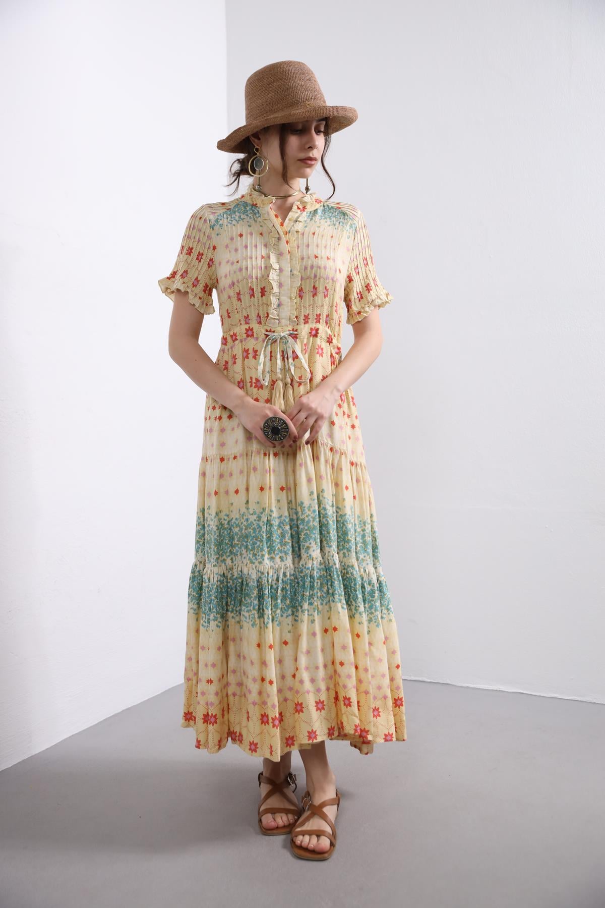 Sarı Desenli Kısa Kollu Bohem Elbise - Şaman Butik Sarı Desenli Kısa Kollu Bohem Elbise