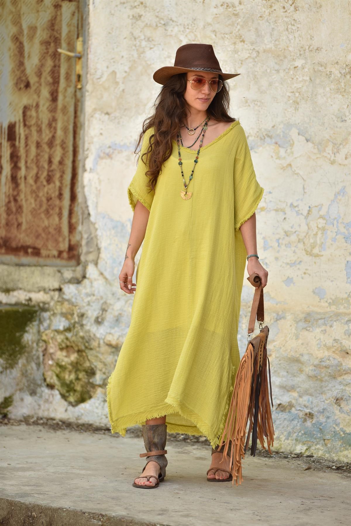 Sarı Püsküllü Salaş Keten Elbise - Şaman Butik - Bohem Giyim ve Aksesuar |  Kadın & Erkek