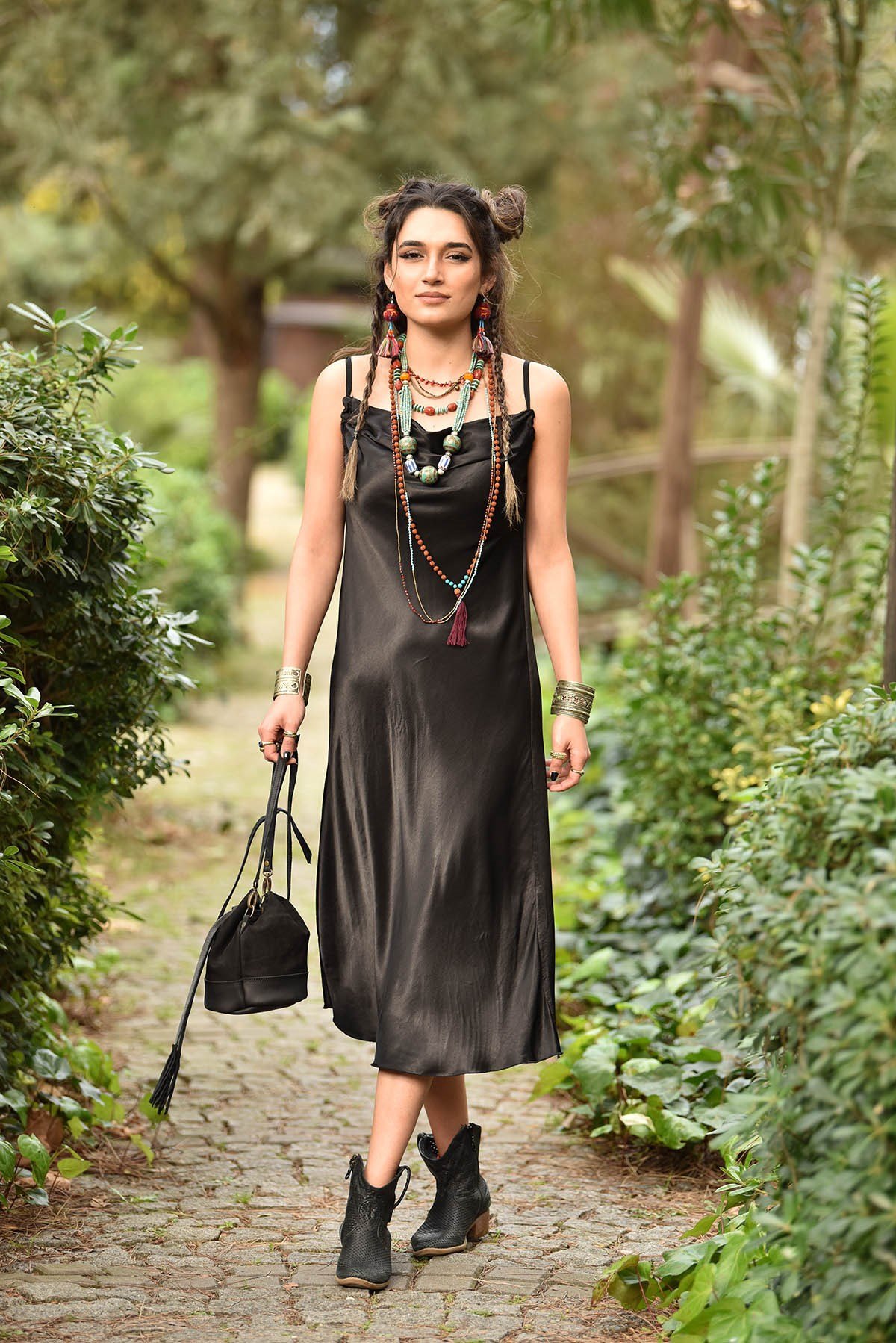 Black Sleeveless Silk Satin Dress - Şaman Butik | Boho Fashion