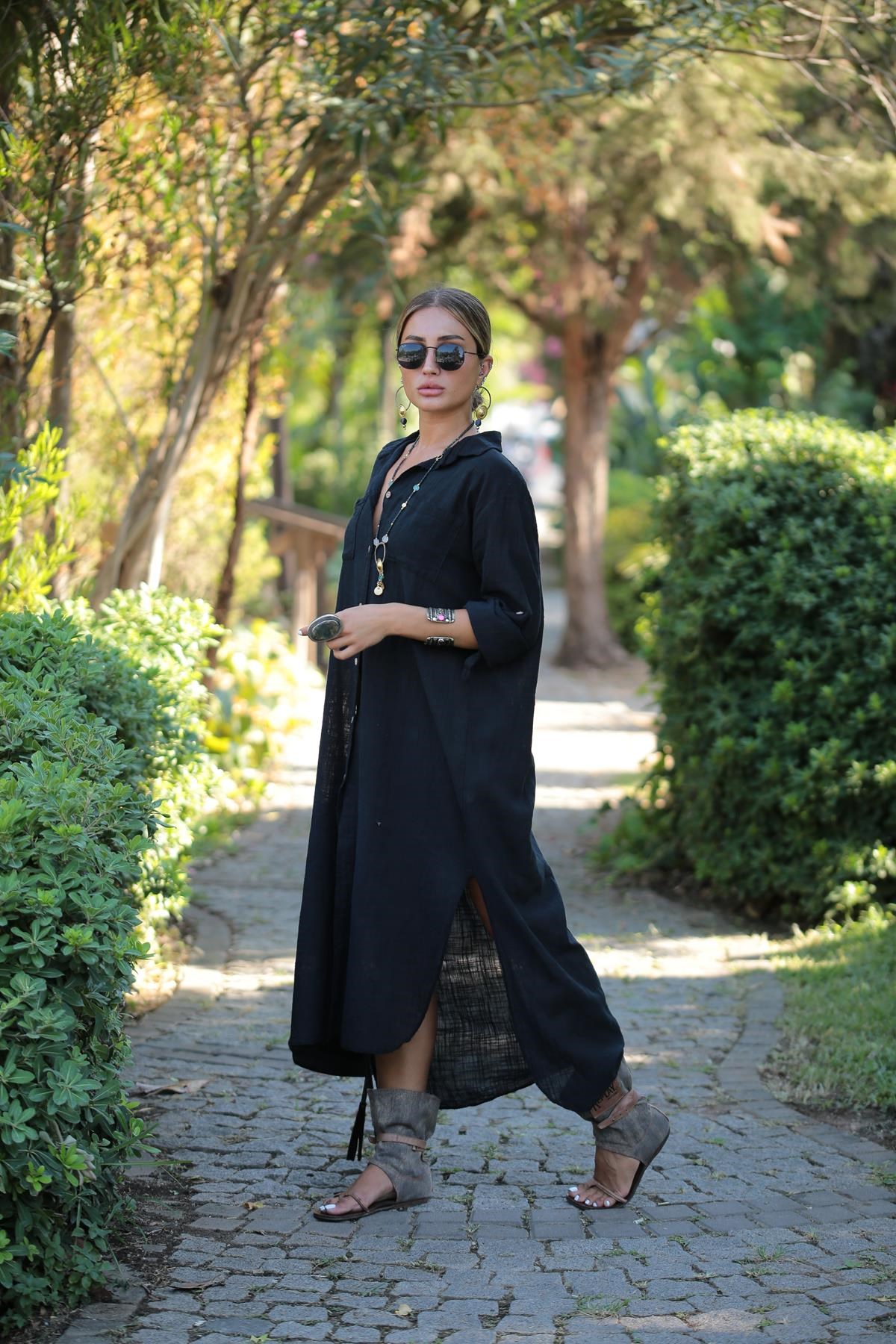 Siyah Cep Detay Uzun Keten Gömlek Elbise - Şaman Butik - Bohem Giyim ve  Aksesuar | Kadın & Erkek