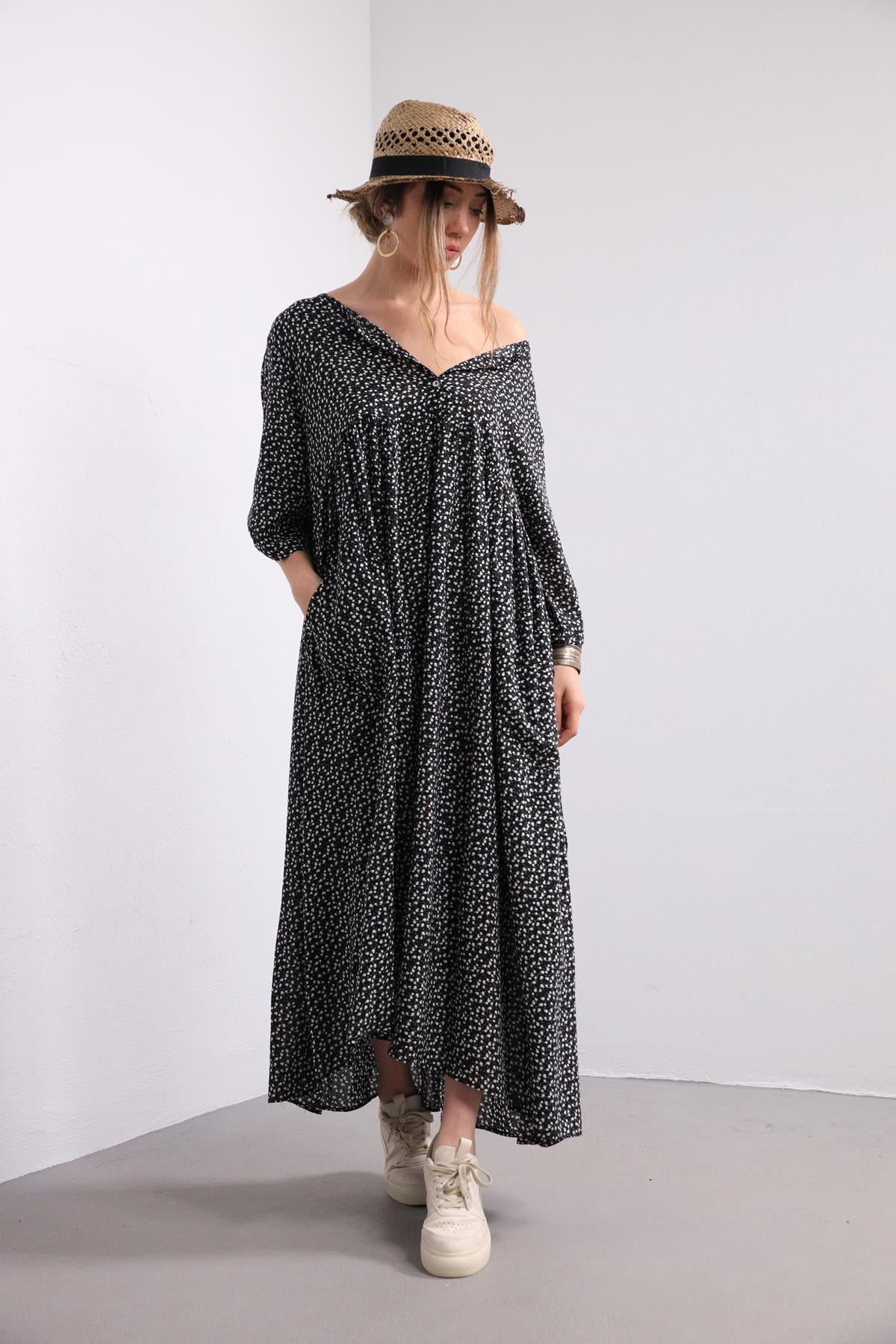 Siyah Çiçekli Önü Düğmeli Elbise - Şaman Butik Siyah Çiçekli Önü Düğmeli Elbise