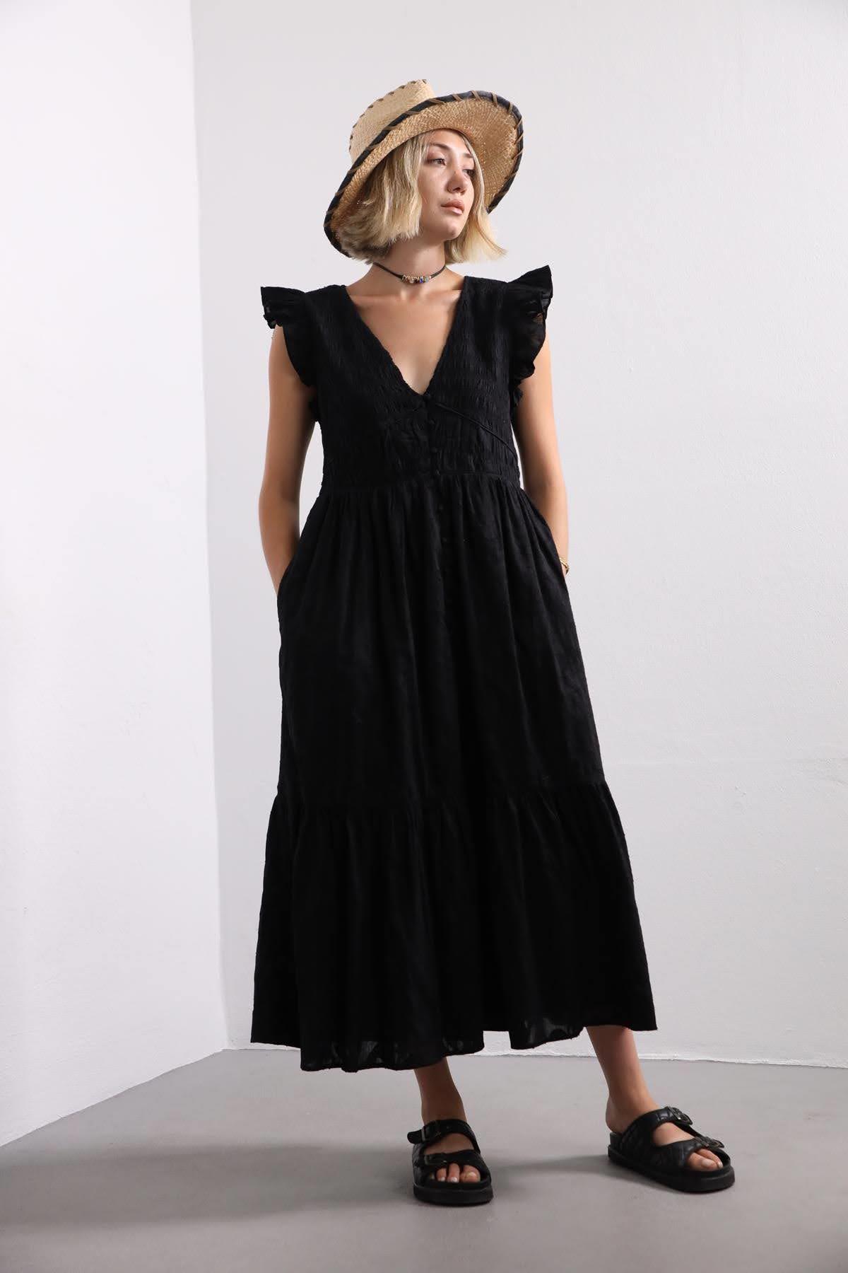 Siyah Gipeli Kolsuz Elbise - Şaman Butik Siyah Gipeli Kolsuz Elbise