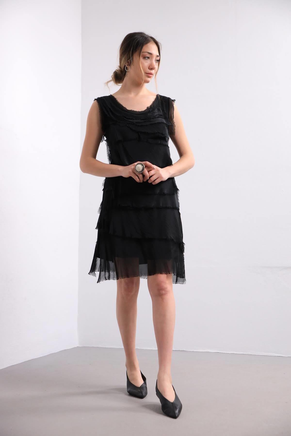 Siyah İpek Kat Kat Elbise - Şaman Butik Siyah İpek Kat Kat Elbise