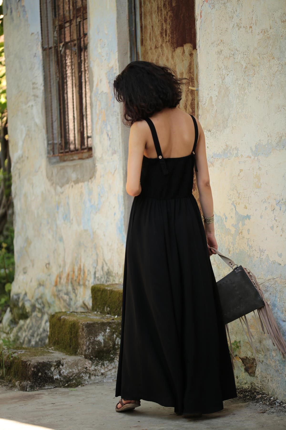 Siyah Kalın Askılı Gipeli Elbise - Şaman Butik - Bohem Giyim ve Aksesuar |  Kadın & Erkek