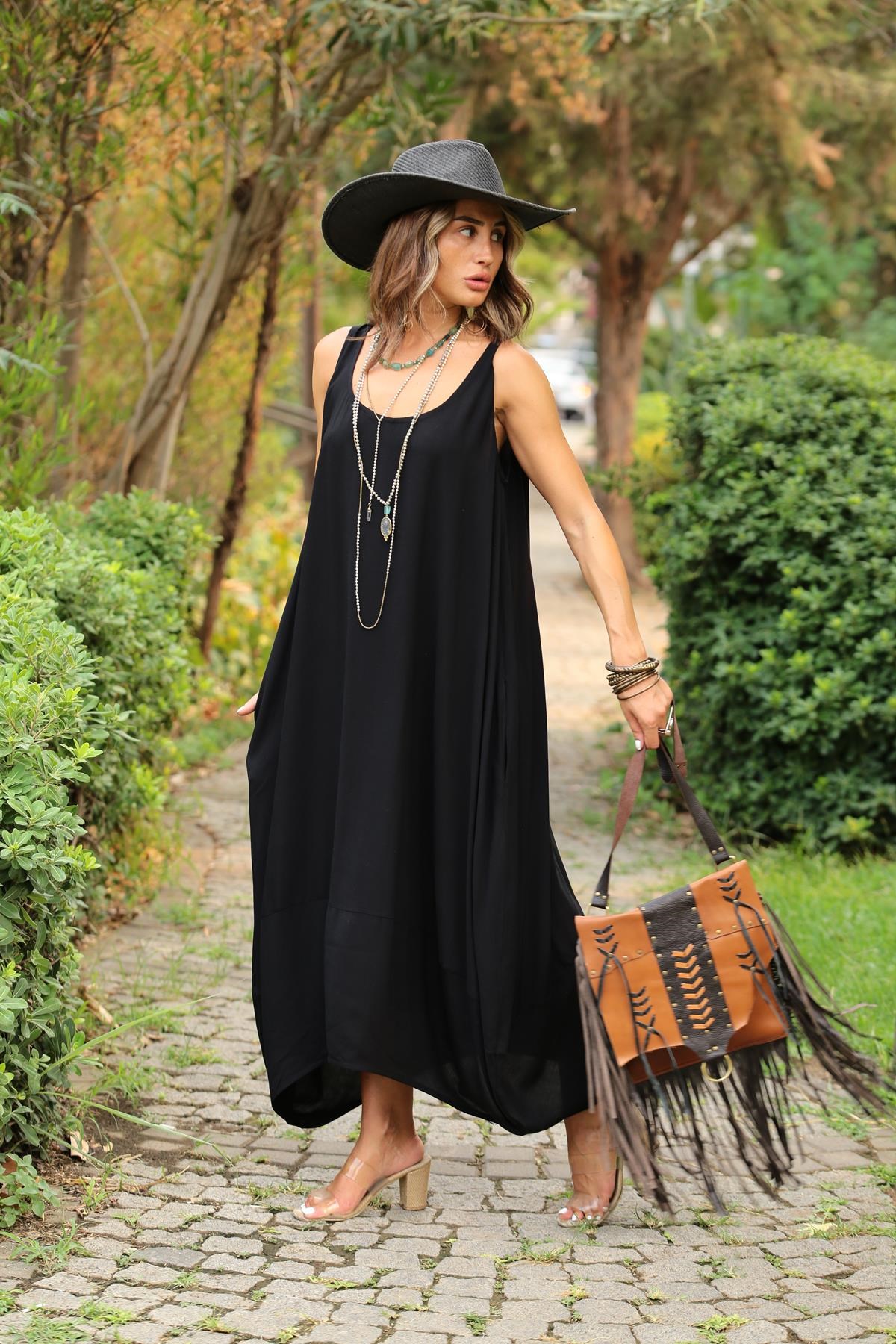 Siyah Kalın Askılı Salaş Elbise - Şaman Butik - Bohem Giyim ve Aksesuar |  Kadın & Erkek