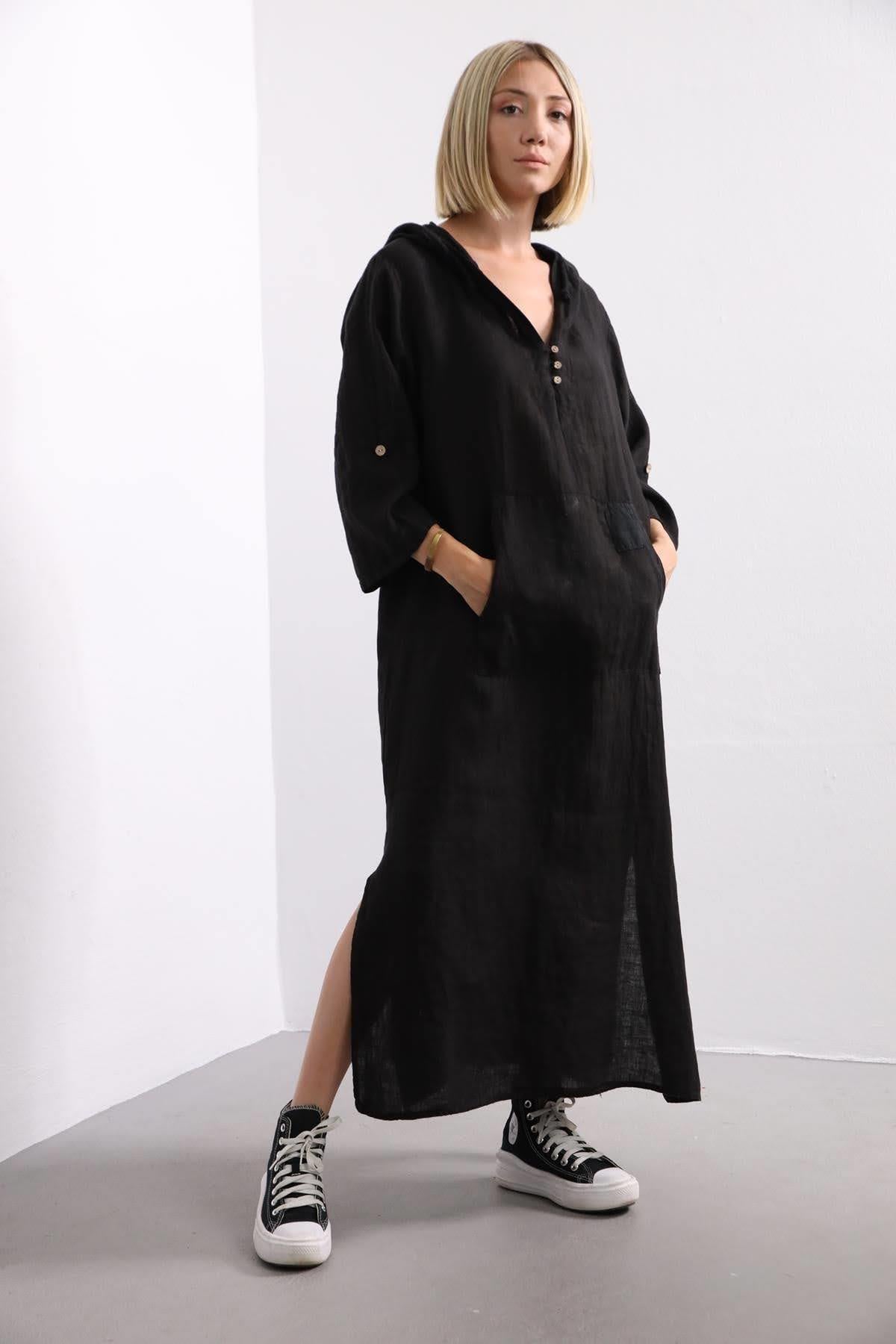 Black Hooded Big Pocket Linen Dress - Saman Butik | Shop Online Black Hooded Big Pocket Linen Dress