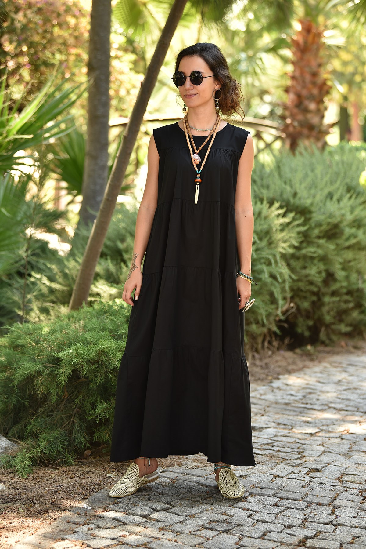 Siyah Kolsuz Kat Kat Uzun Elbise - Şaman Butik - Bohem Giyim ve Aksesuar |  Kadın & Erkek