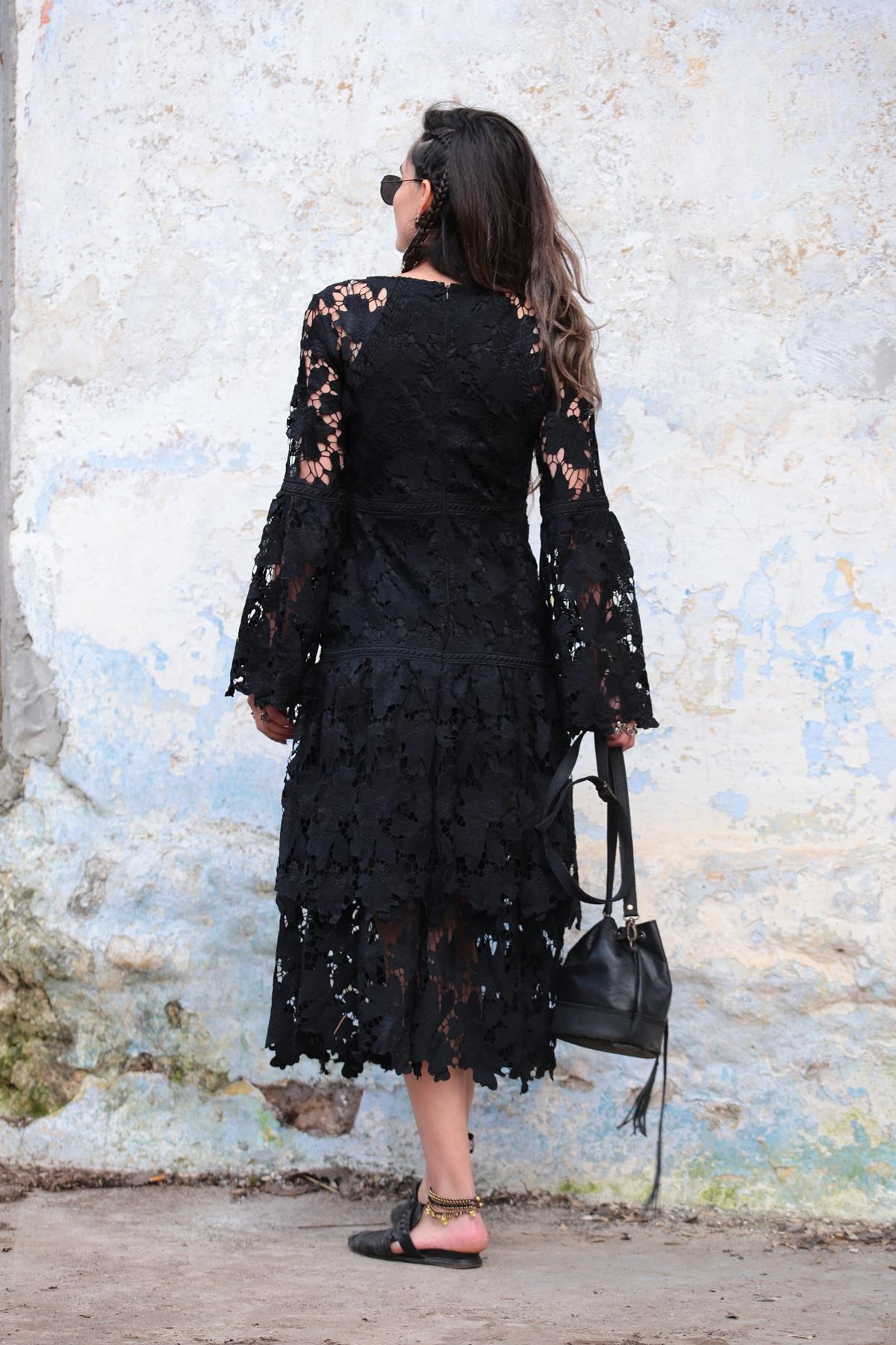 Siyah Kolu Volanlı Güpür Elbise - Şaman Butik - Bohem Giyim ve Aksesuar |  Kadın & Erkek