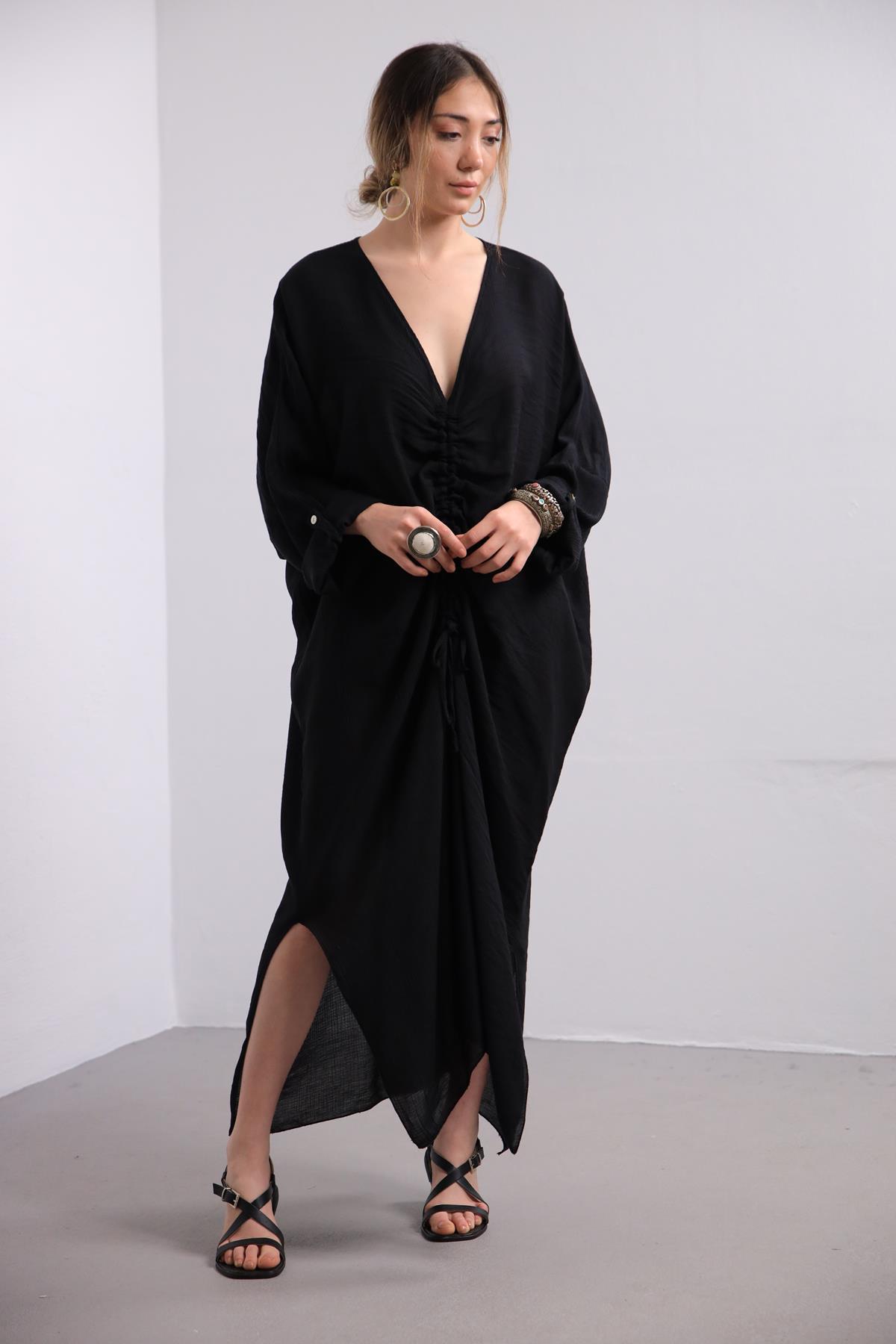Siyah Önü Büzgülü Oversize Elbise - Şaman Butik Siyah Önü Büzgülü Oversize Elbise