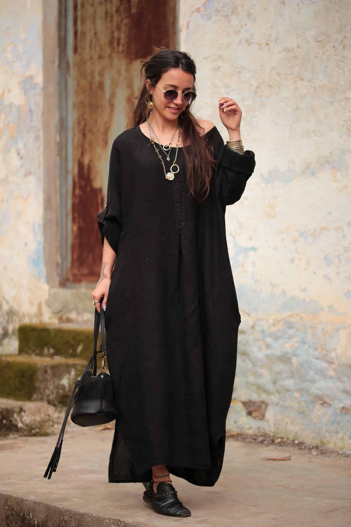 Siyah Önü Pileli Salaş Keten Elbise - Şaman Butik - Bohem Giyim ve Aksesuar  | Kadın & Erkek