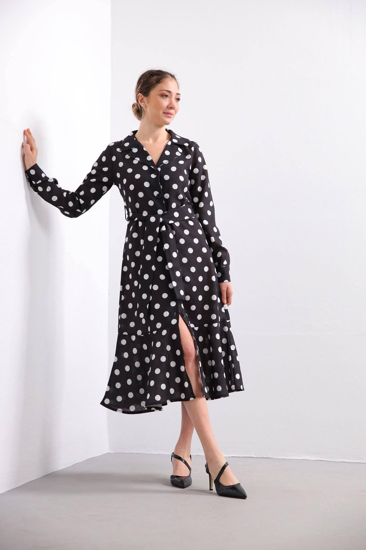 Siyah Puantiyeli Anvelop Elbise - Şaman Butik Siyah Puantiyeli Anvelop Elbise