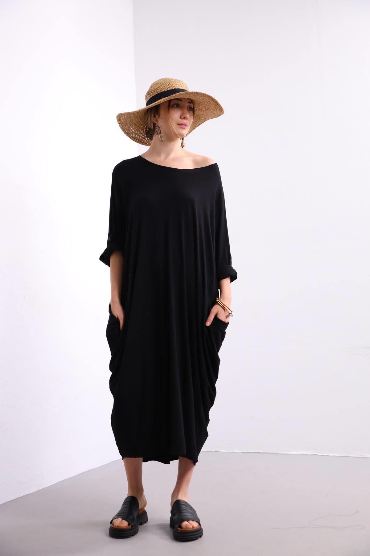 Siyah Triko Asiye Cepli Elbise - Şaman Butik - Bohem Giyim ve Aksesuar | Kadın & Erkek Siyah Triko Asiye Cepli Elbise