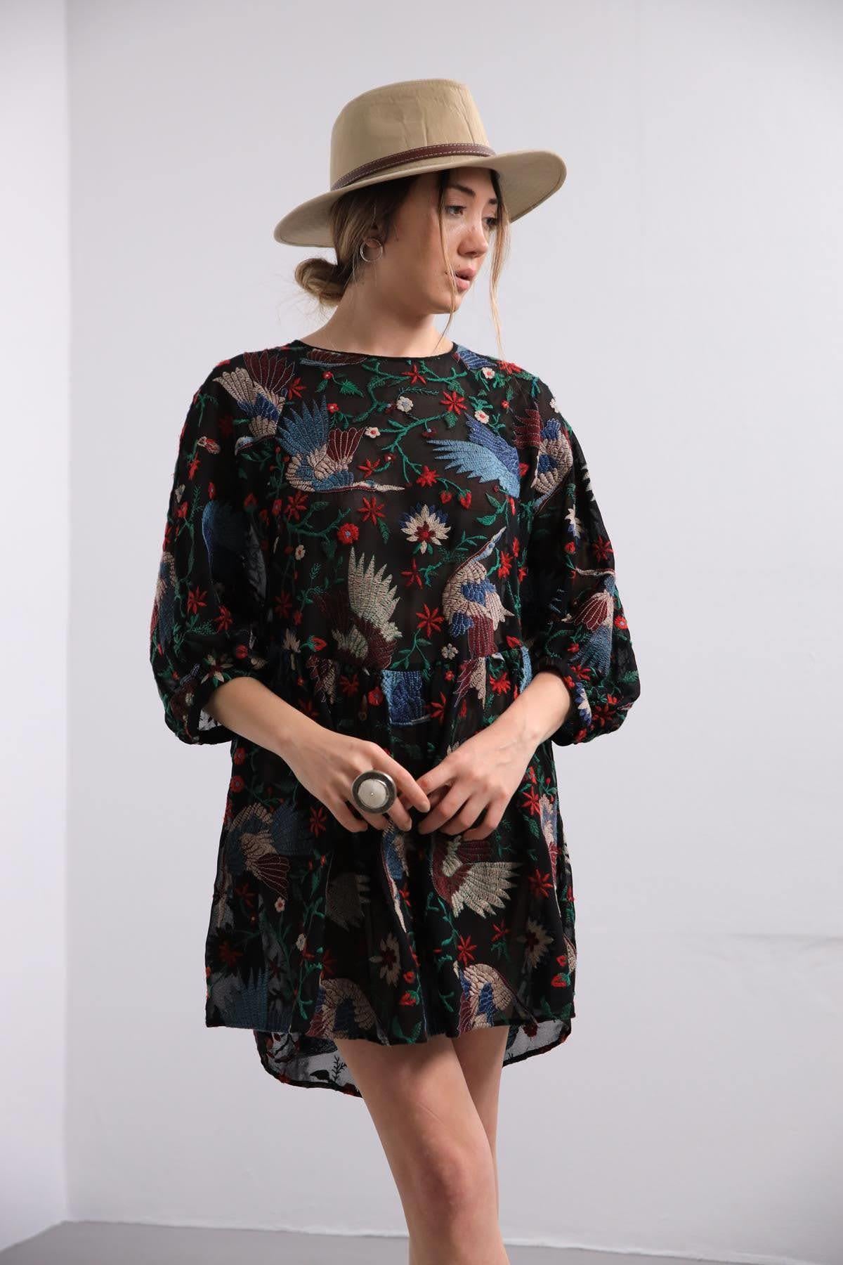 Siyah Tül İşlemeli Bohem Elbise - Şaman Butik Siyah Tül İşlemeli Bohem Elbise