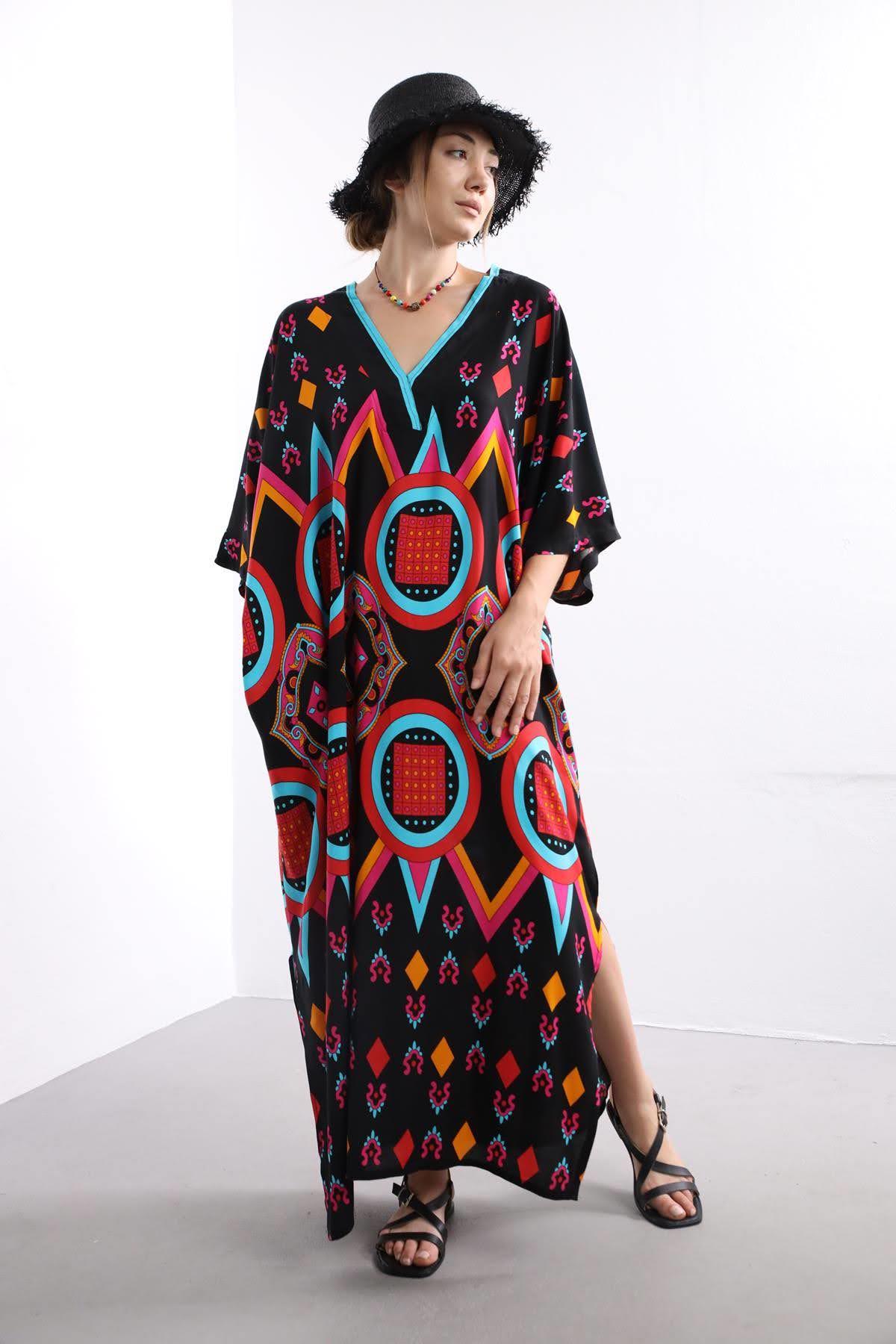 Black V-Neck Patterned Boho Dress - Saman Butik | Shop Online Black V-Neck Patterned Boho Dress