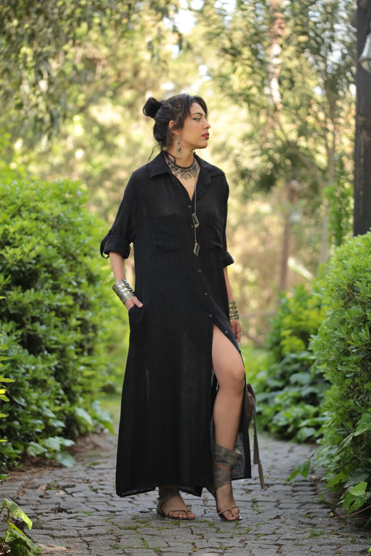 Siyah Yakalı Cepli Gömlek Elbise - Şaman Butik - Bohem Giyim ve Aksesuar |  Kadın & Erkek