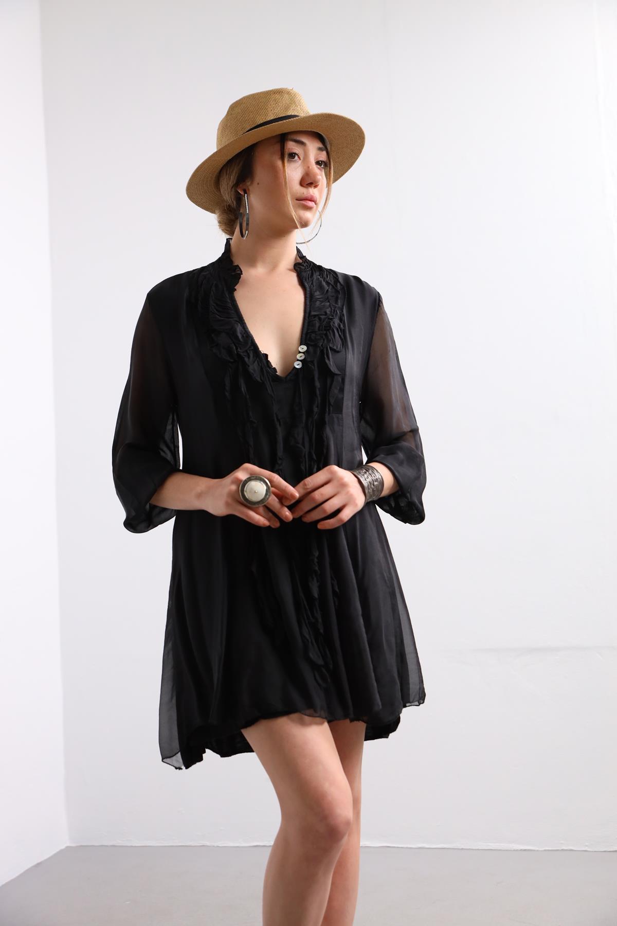 Siyah Yakası Fırfırlı İpek Tunik Elbise - Şaman Butik Siyah Yakası Fırfırlı İpek Tunik Elbise