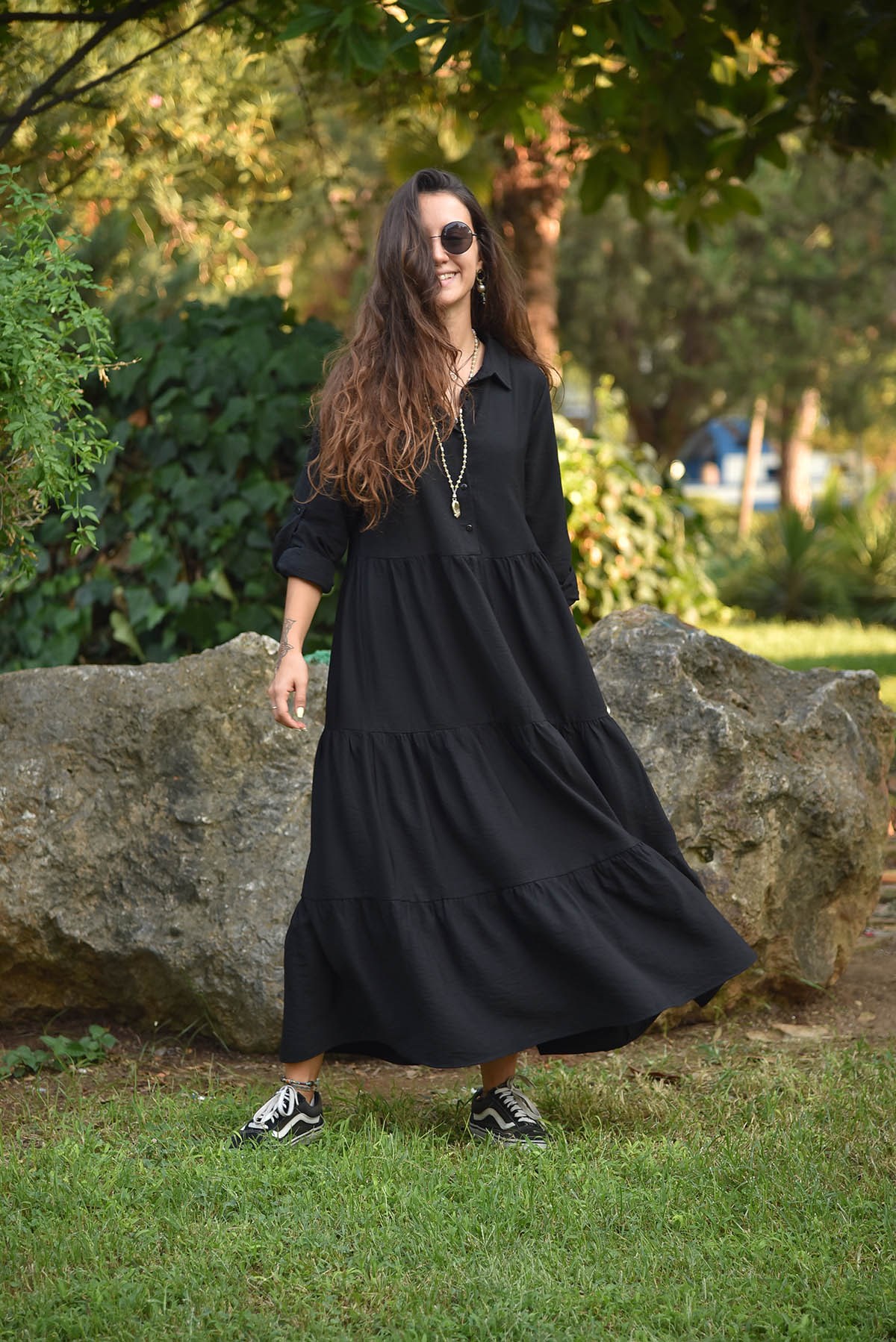 Siyah Yarım Patlı Uzun Kollu Elbise - Şaman Butik - Bohem Giyim ve Aksesuar  | Kadın & Erkek