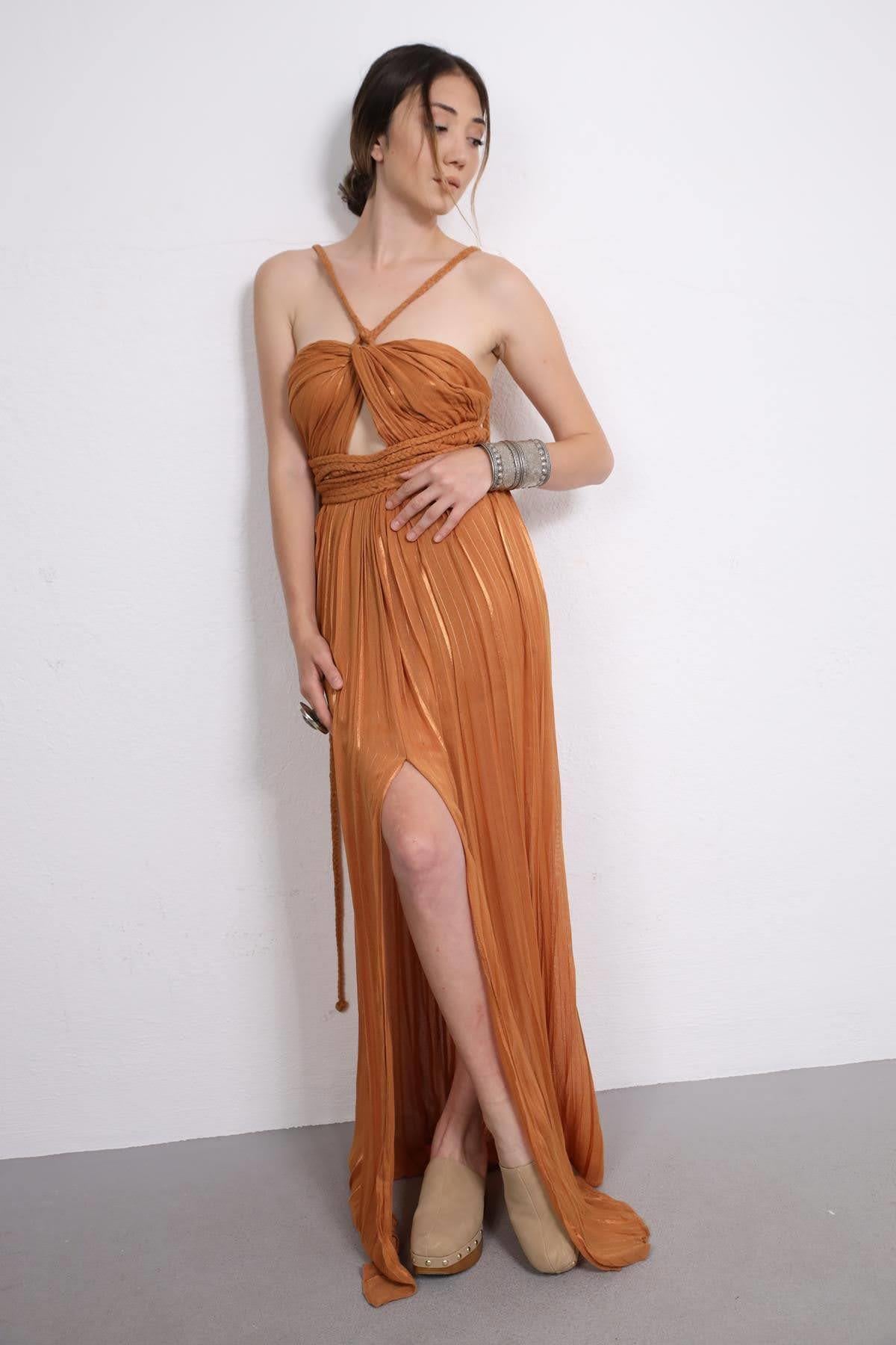 Taba Boyundan Bağlamalı Örgü Detaylı Bohem Elbise - Şaman Butik Taba Boyundan Bağlamalı Örgü Detaylı Bohem Elbise