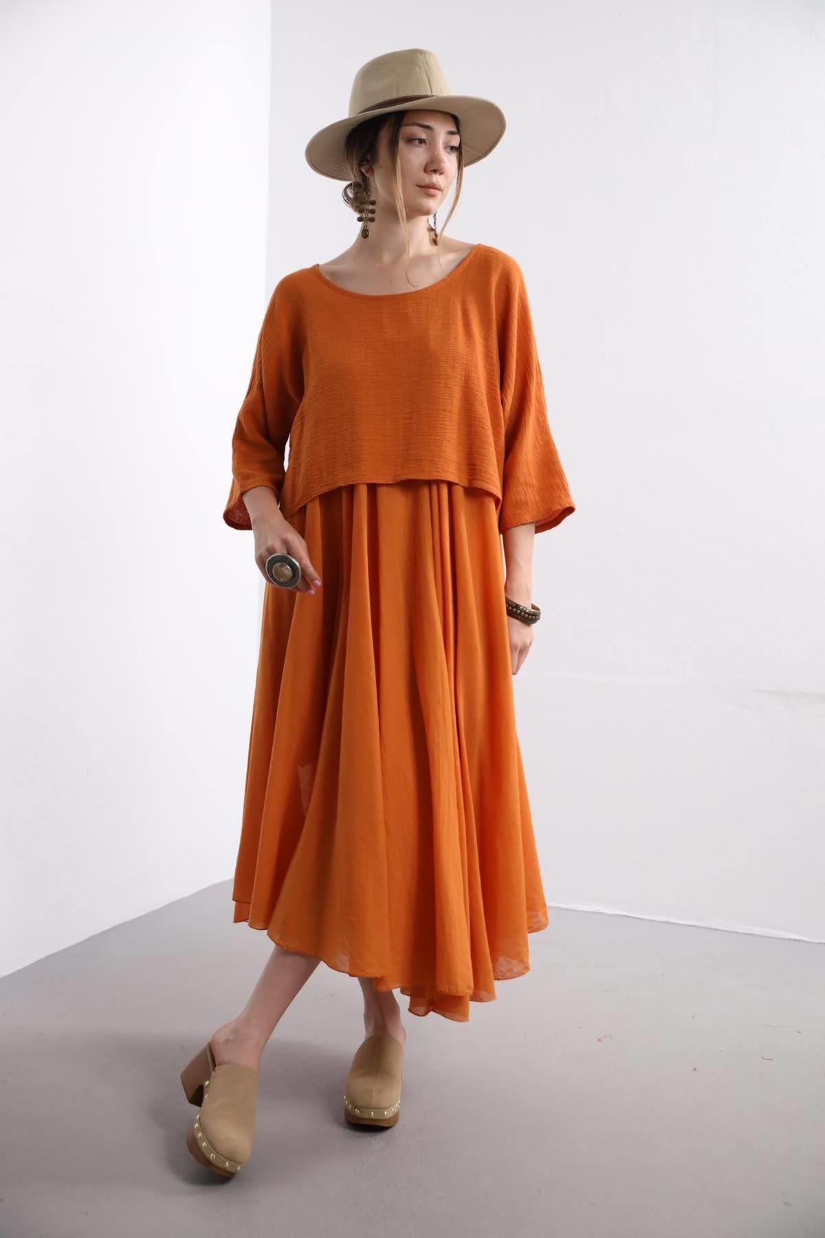  Turuncu Askılı Bluz Detaylı Elbise