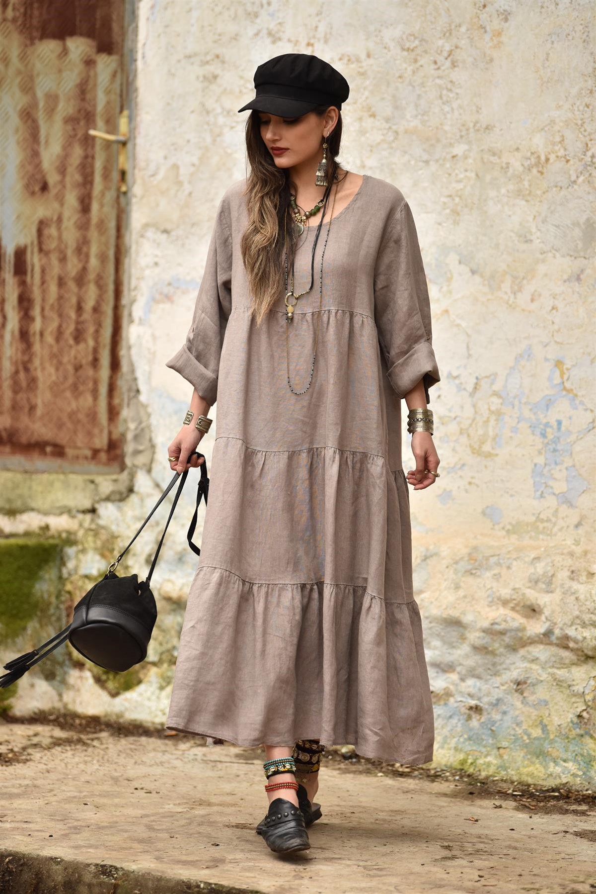 Vizon Rengi Kat Kat Salaş Keten Elbise - Şaman Butik - Bohem Giyim ve  Aksesuar | Kadın & Erkek