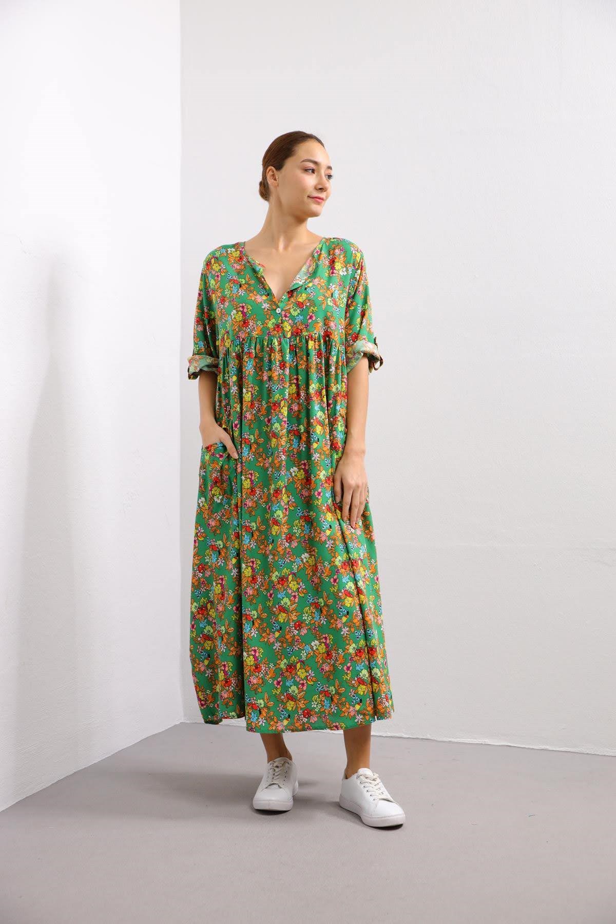 Yeşil Geniş Cepli Çiçekli Elbise - Şaman Butik - Bohem Giyim ve Aksesuar |  Kadın & Erkek