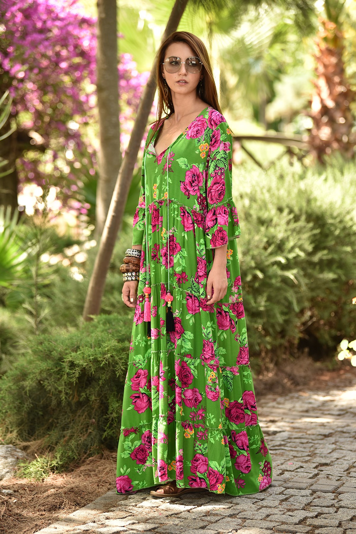 Yeşil Pembe Çiçek Desenli Uzun Elbise - Şaman Butik - Bohem Giyim ve  Aksesuar | Kadın & Erkek