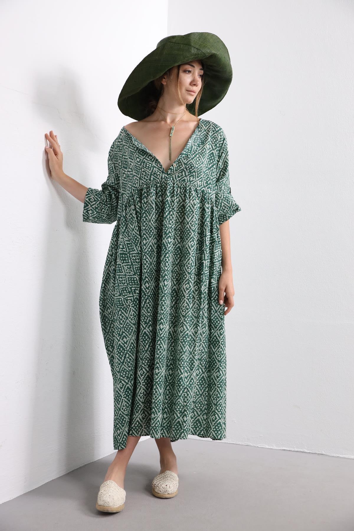 Yeşil Tribal Desen Bisiklet Yaka Cepli Elbise - Şaman Butik - Bohem Giyim ve Aksesuar | Kadın & Erkek Yeşil Tribal Desen Bisiklet Yaka Cepli Elbise