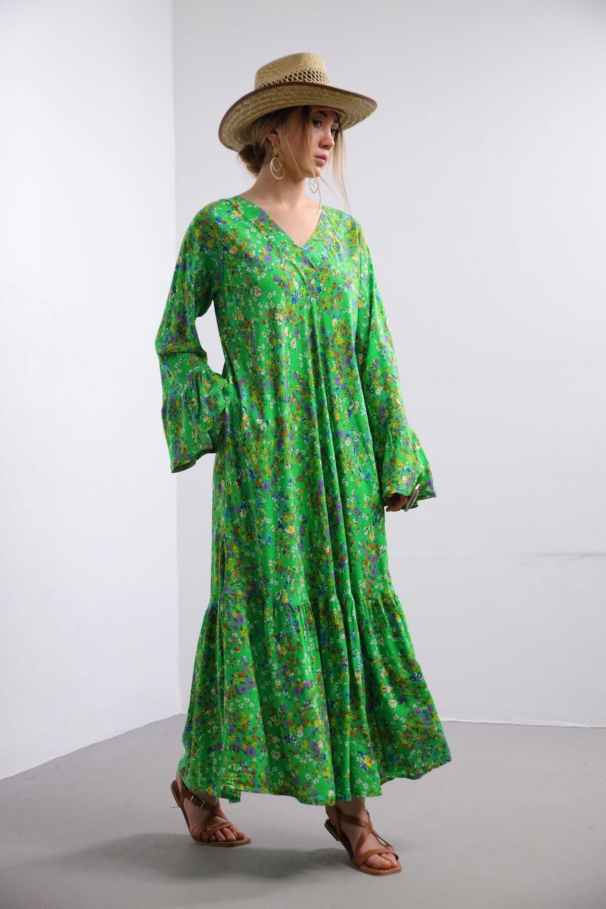 Green V-Neck Flower Pattern Flared Sleeve Long Dress - Saman Butik | Shop Online Green V-Neck Flower Pattern Flared Sleeve Long Dress