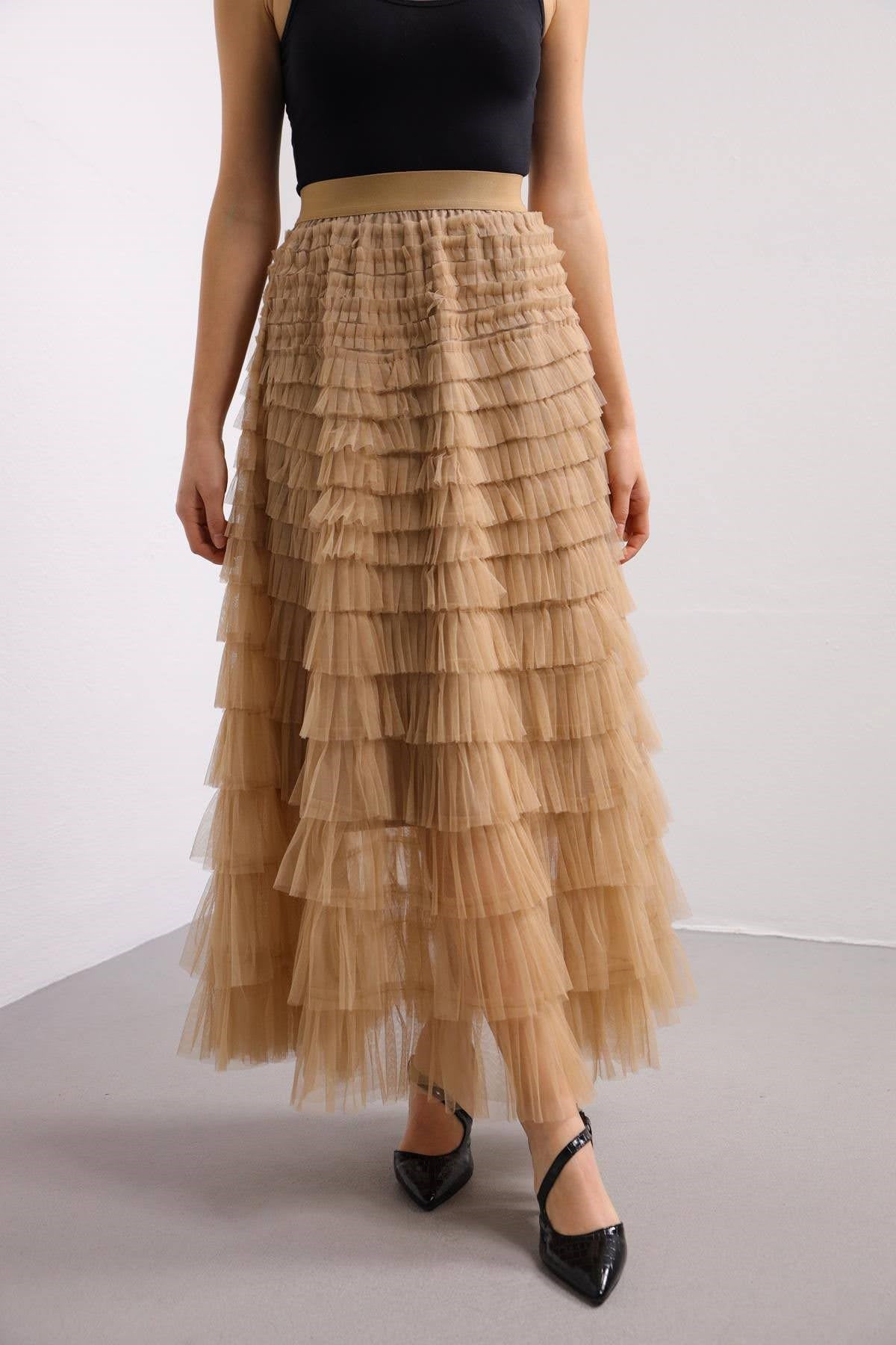 Bej Kat Kat Tül Etek - Şaman Butik Bej Kat Kat Tül Etek