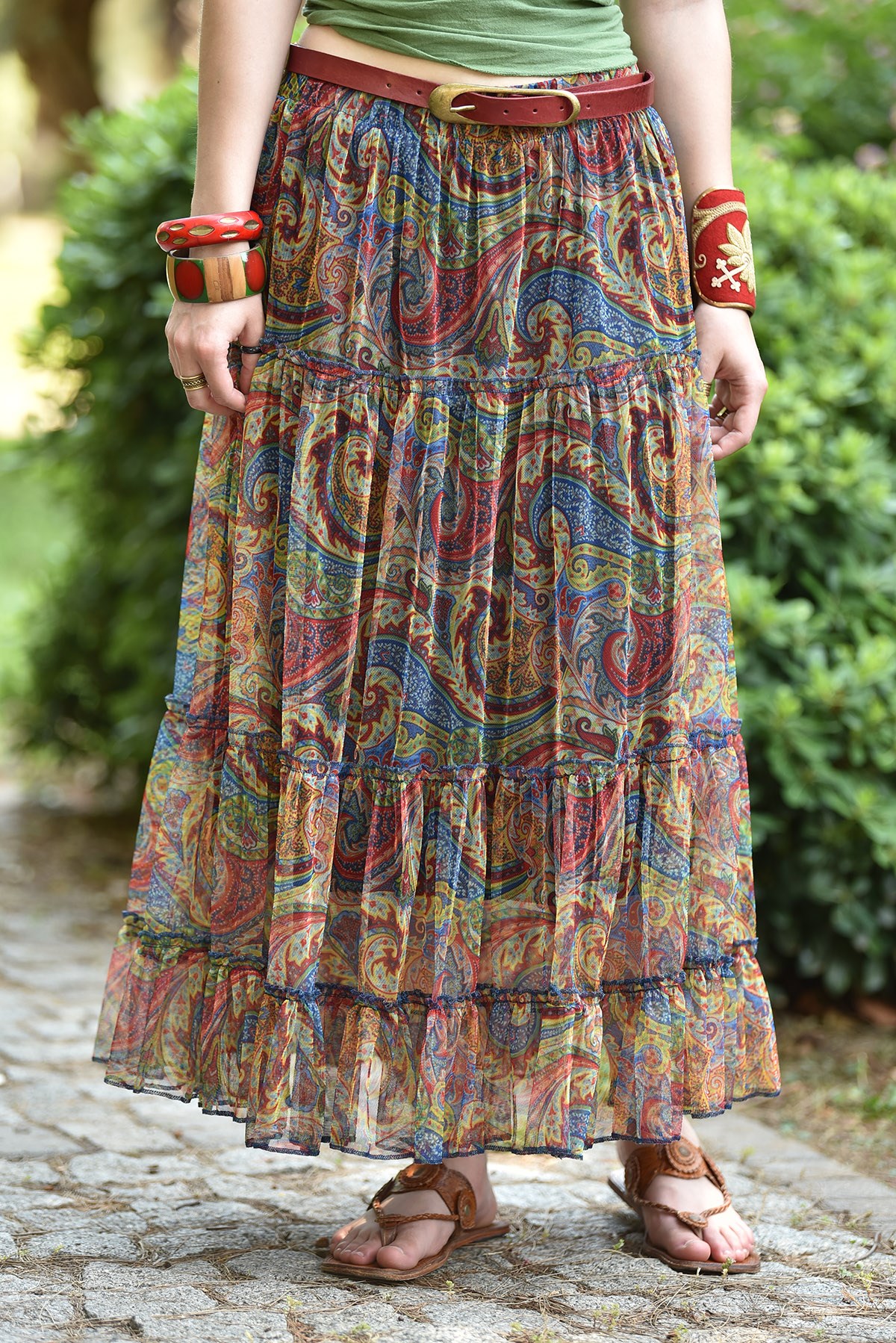 Lacivert Desenli Kat Kat Tül Etek Fıstık Yeşili Desenli Kat Kat Tül Etek