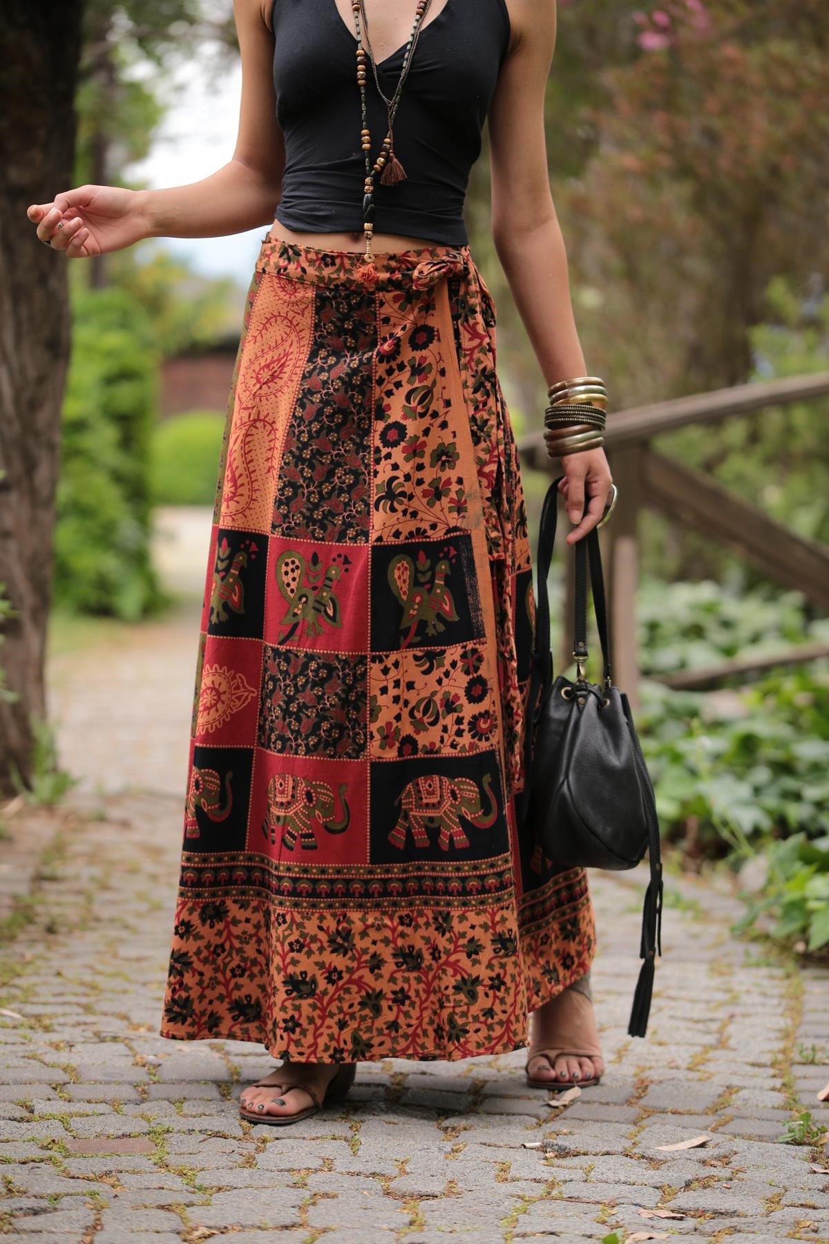 Hardal Rengi Desenli Bağlamalı Etek - Şaman Butik - Bohem Giyim ve Aksesuar  | Kadın & Erkek