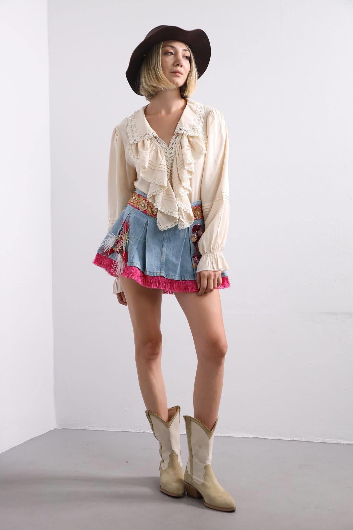  Mavi Boncuk İşlemeli Bohem Şort Etek