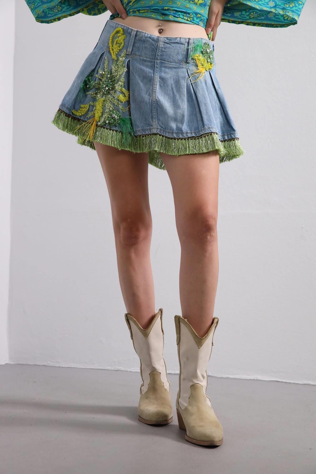 Mavi Boncuk İşlemeli Bohem Şort Etek - Şaman Butik Mavi Boncuk İşlemeli Bohem Şort Etek