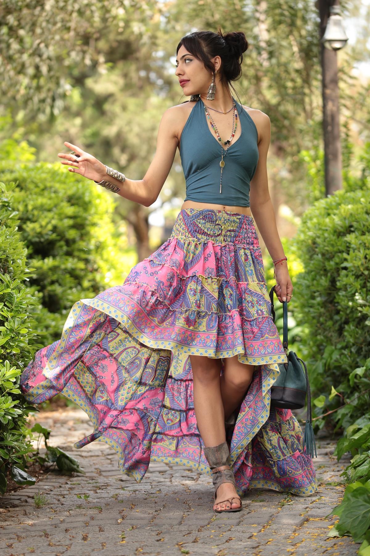Vermilion Patterned Short Front Long Back Skirt - Saman Butik | Shop Online