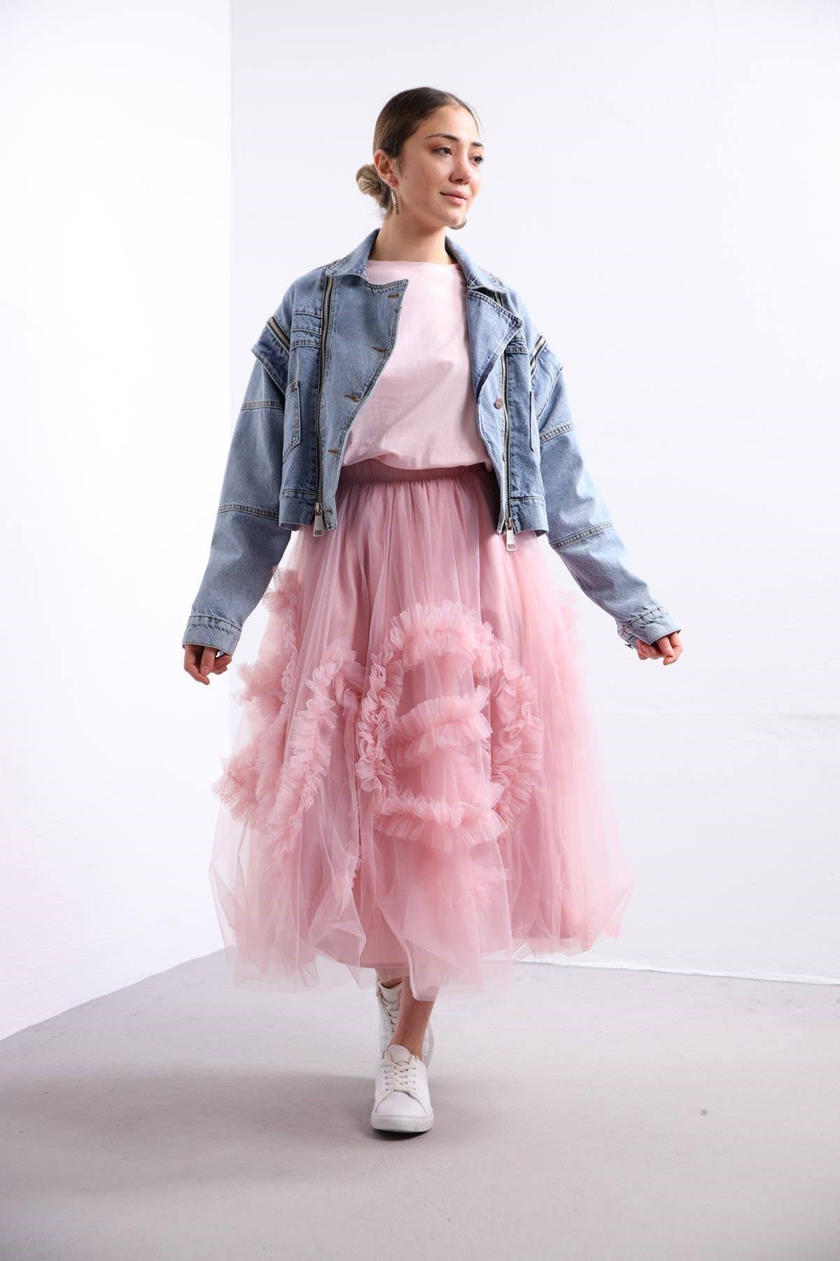 Pembe Asimetrik Desenli Tül Etek - Şaman Butik Pembe Asimetrik Desenli Tül Etek