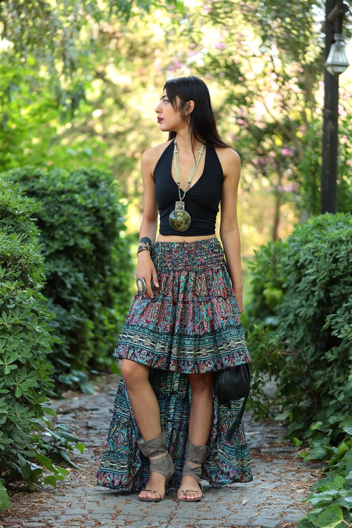 Colorful Patterned Short Front Long Back Skirt