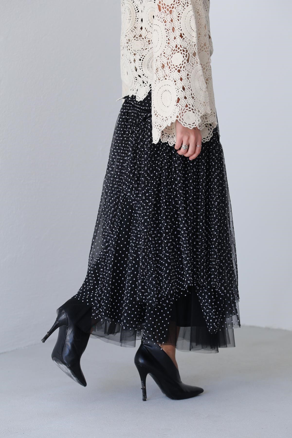 Black and White Polka Dot Asymmetric Stitched Tulle Skirt - Saman Butik |  Shop Online