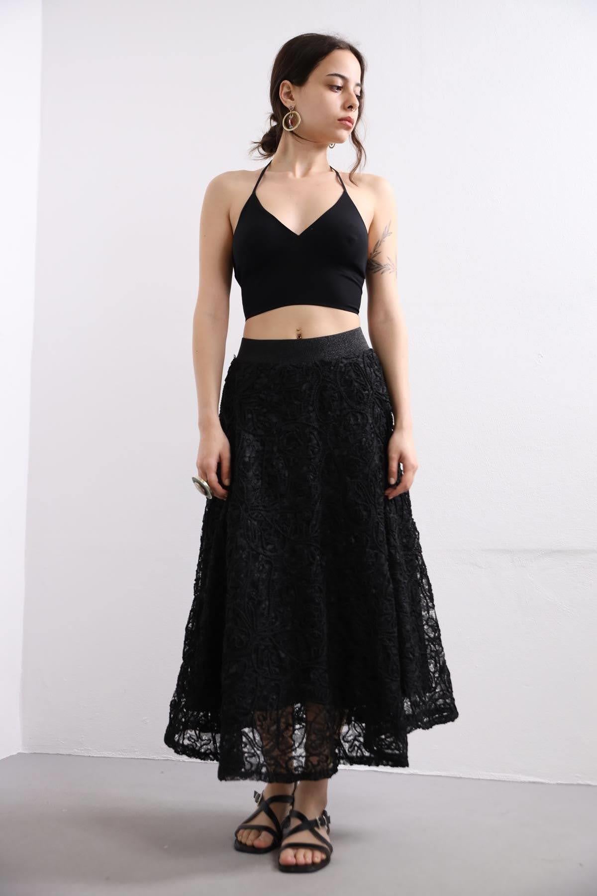 Siyah Güpürlü Şık Etek - Şaman Butik Siyah Güpürlü Şık Etek