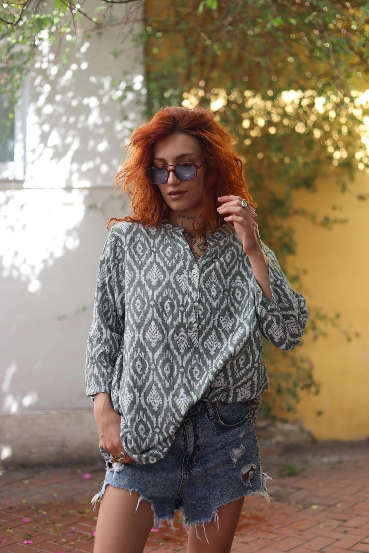 Khaki Patterned Three Button Shirt