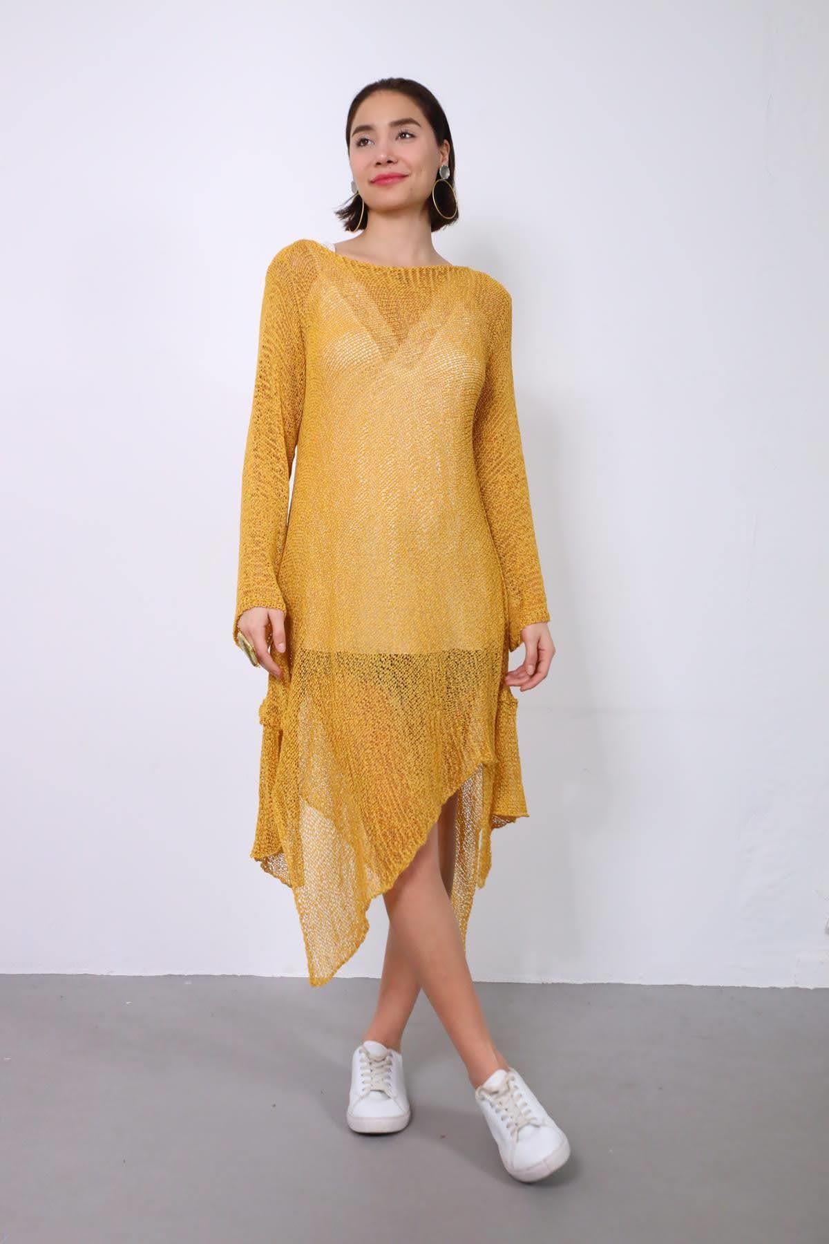 Sarı Salaş Asimetrik Kesim Merserize Bluz - Şaman Butik - Bohem Giyim ve Aksesuar | Kadın & Erkek Sarı Salaş Asimetrik Kesim Merserize Bluz